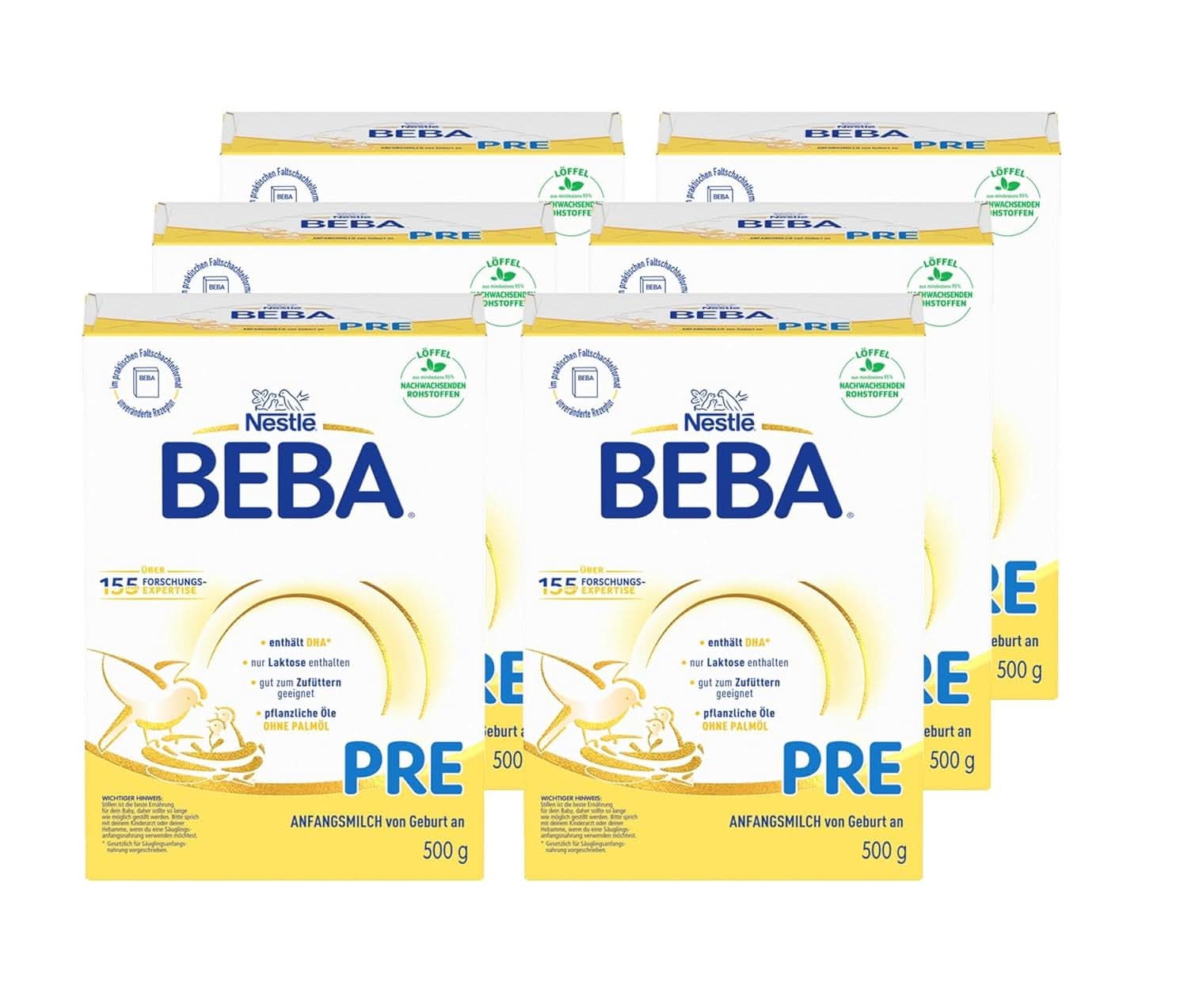 BEBA PRE Počáteční mléko od narození, kojenecká výživa s DHA, pouze laktóza, bez palmového oleje, balení 3 (3 x 800 g) Naty Shop PRE, sada 6 x 500 gramů 6 x 500 gramů