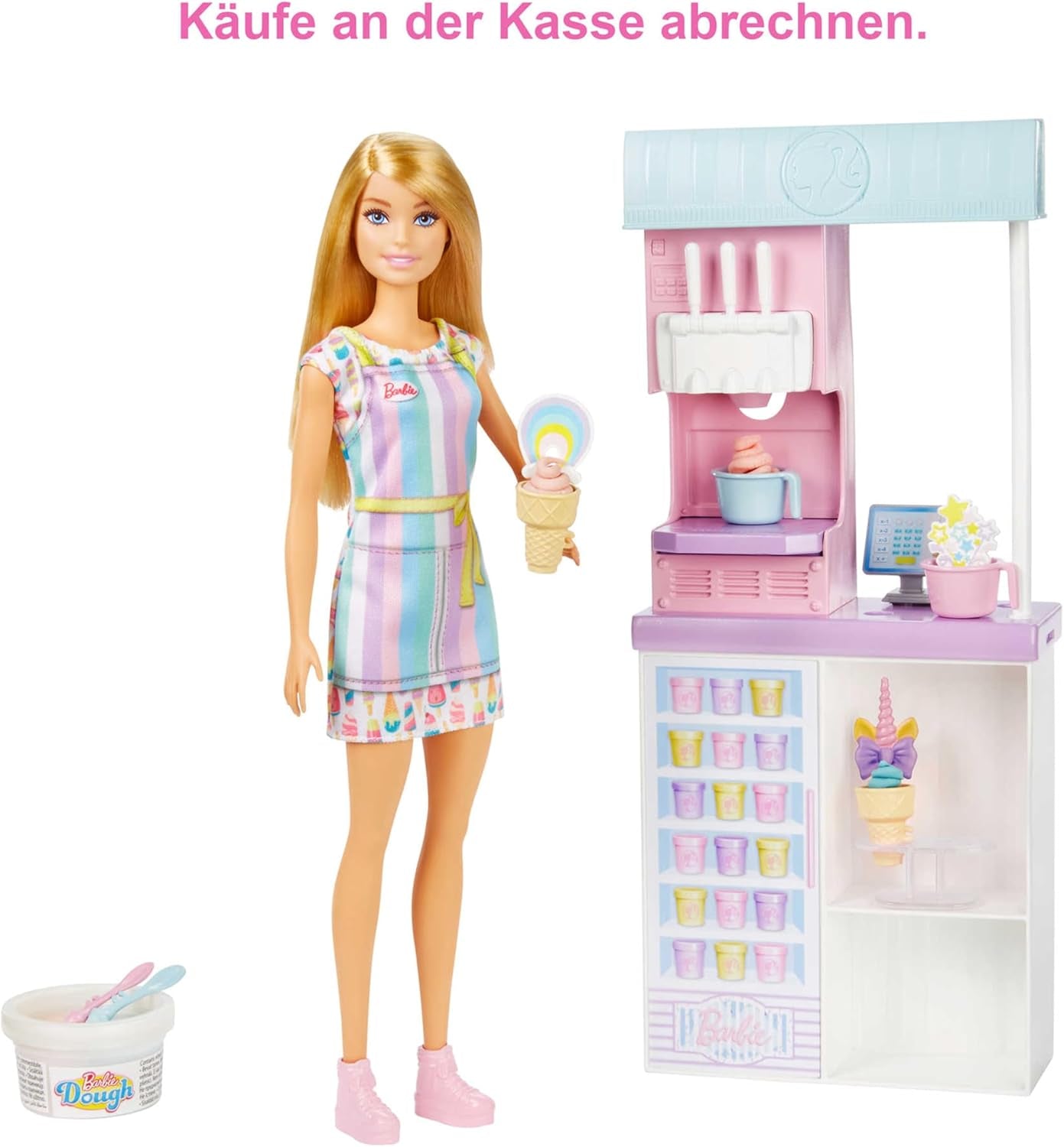 Série Barbie You Can Be Anything, Zmrzlinárna, 1x Panenka Barbie s blond vlasy, Stroj na zmrzlinu, Barbie Play-Doh, Doplňky na pečení, Dárek pro děti, Hračka od 3 let, HCN46