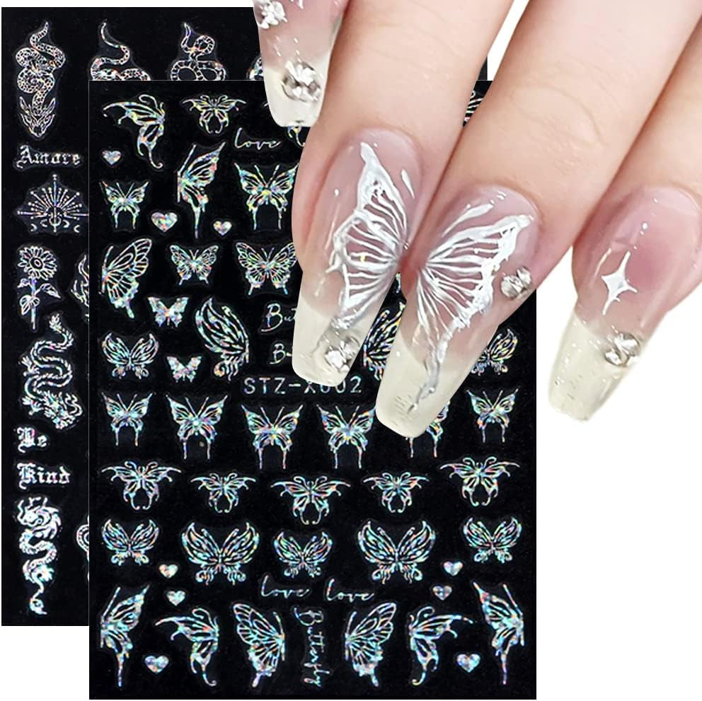 6 Blatt Schmetterling Samolepka na nehty Selbstklebend Laser Stříbrná Schmetterlings Nagelaufkleber 3D Aurora Stříbrná Schwarz Schmetterlinge Samolepky na nehty Frühling Nageldesign Samolepka na nehty Nail Art Zubehör