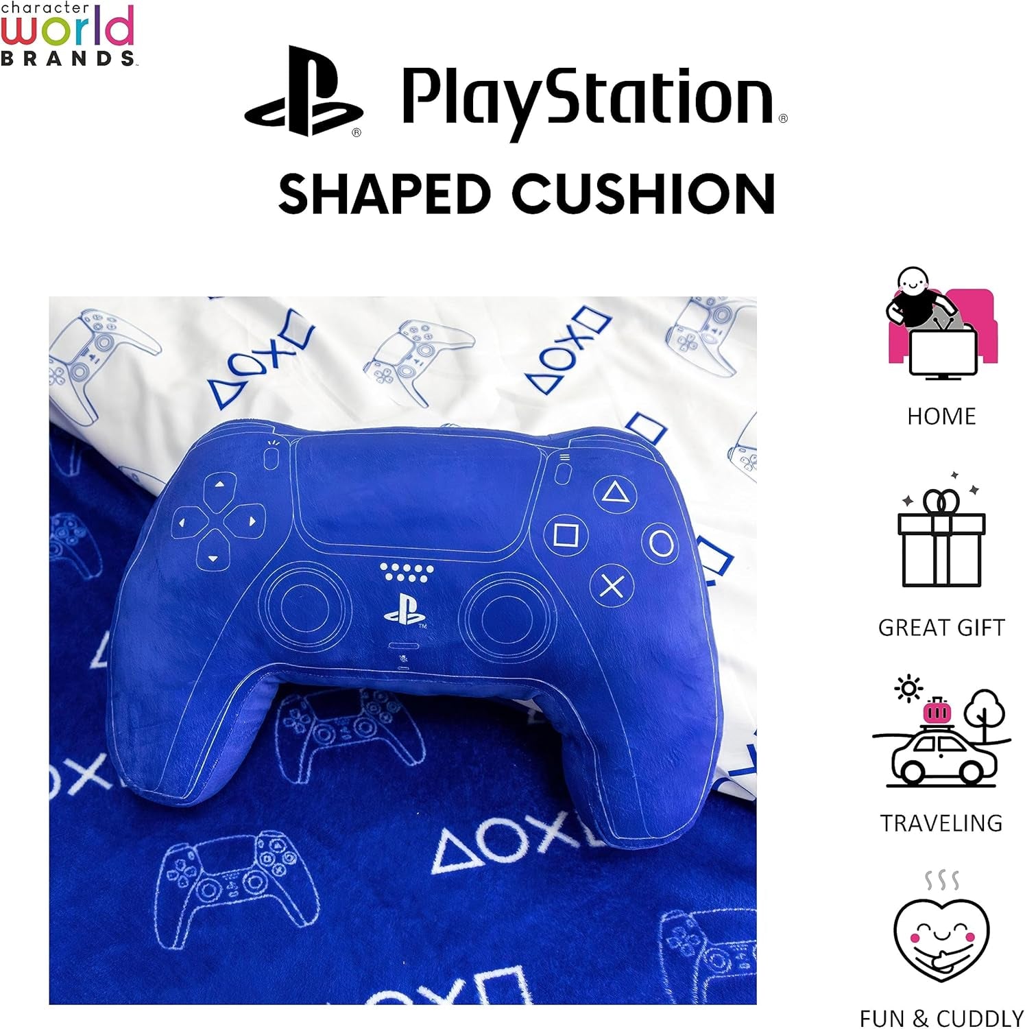 Svět postav: Oficiálně licencovaný polštář ve tvaru ovladače Playstation, design sluchátka, vycpaný plyšový polštář | Modré standardní polštáře Naty Shop, ideální do ložnice nebo na hraní