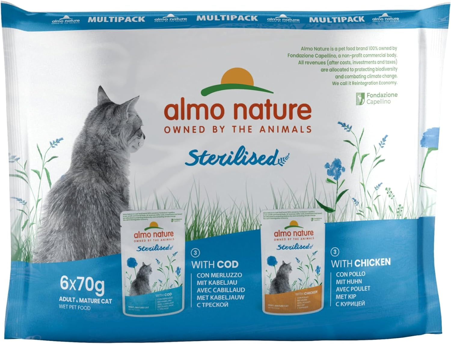 Almo Nature Functional - Sterilizované - Mokré krmivo pro dospělé a starší kočky, sterilizované nebo méně aktivní - s treskou a kuřecím masem - Nízkotučné, zvlhčující - 70 g (balení 6 ks)