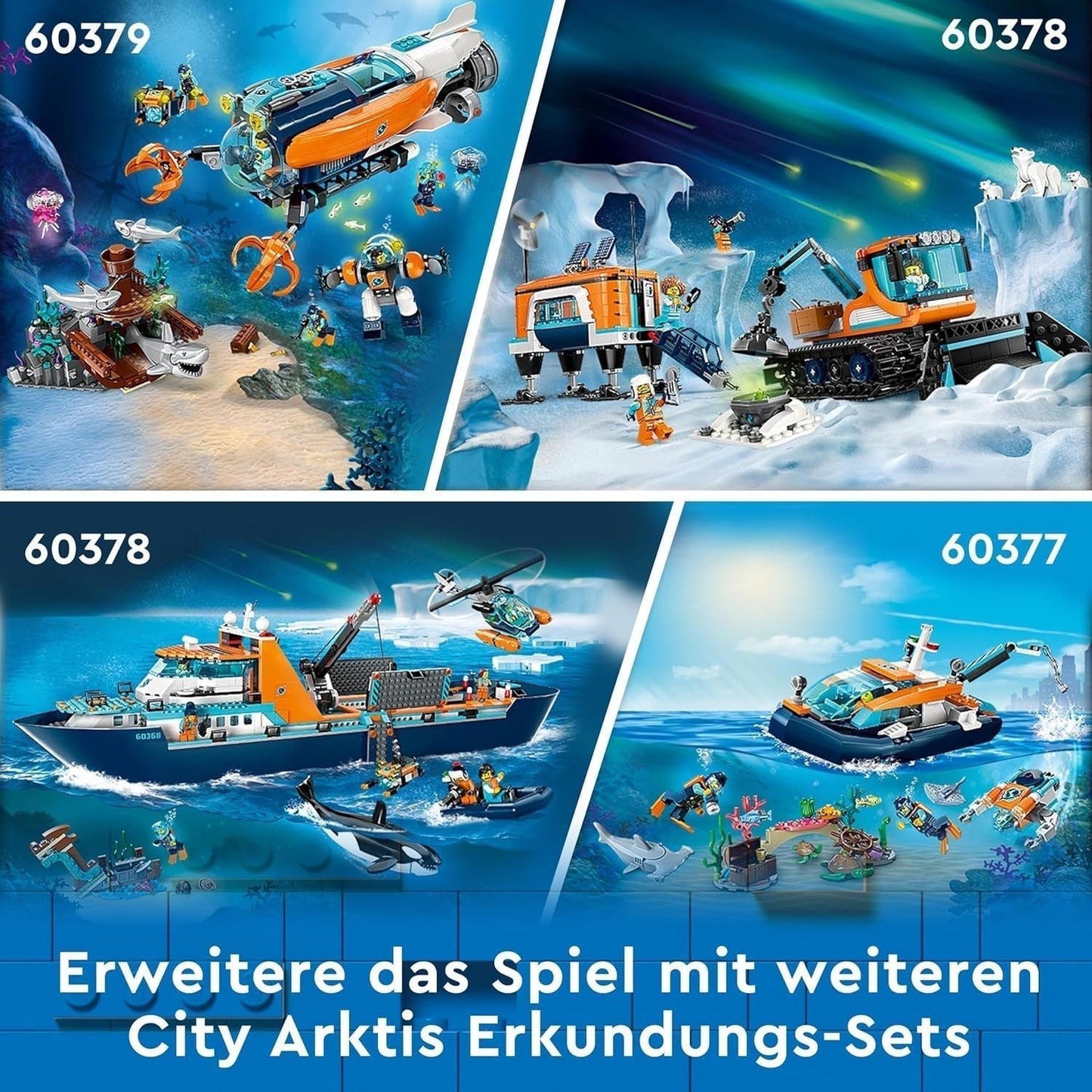 Arktická výzkumná loď LEGO City, velký plovoucí člun s helikoptérou, nafukovací člun, ponorka Rov, vrak vikinga, 7 minifigurek a figurka orky, dárek pro děti starší 7 let 60368 Stavebnice Besuche den LEGO-Store