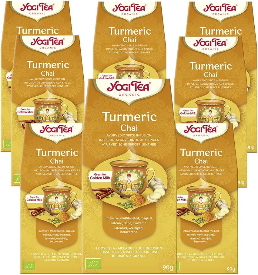 Yogi Tea - Kurkuma Chai Organický kořeněný ajurvédský čaj Kurkuma bez kofeinu Směs se skořicí a zázvorem Yogi Tea sypaný 8 x 90 g (720 g) Balení Ideální dárek