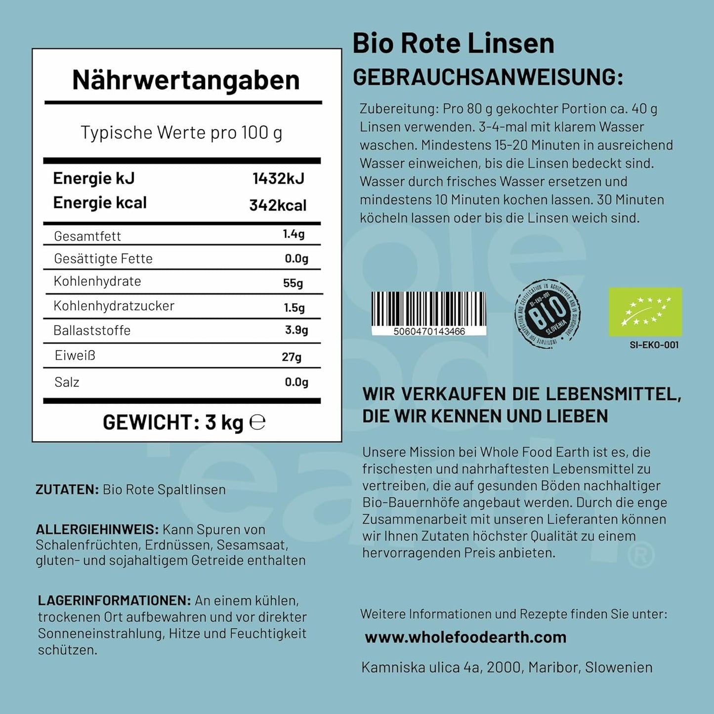 Wholefood Earth Organic Split Red Lentils 3 kg Non-GMO Vegan Vysoký obsah vlákniny Vysoký obsah bílkovin z certifikovaného ekologického zemědělství