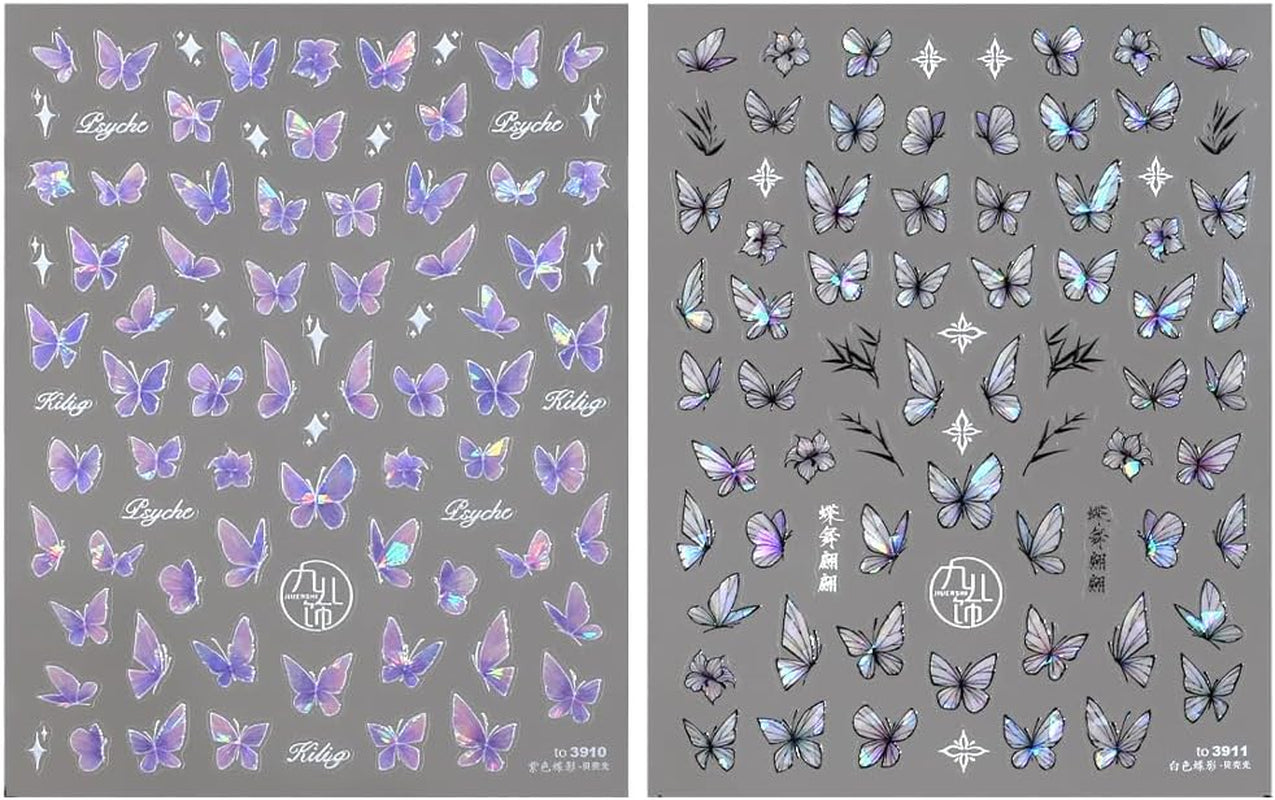 2 Blätter Schmetterling Nálepka na nehty Selbstklebend,Muschel Glitzer Nálepka na nehty Butterfly Lila Grau Schmetterlinge Nagelaufkleber Reliéf Laser Butterflies Nálepka na nehty Nageldesign Zubehör