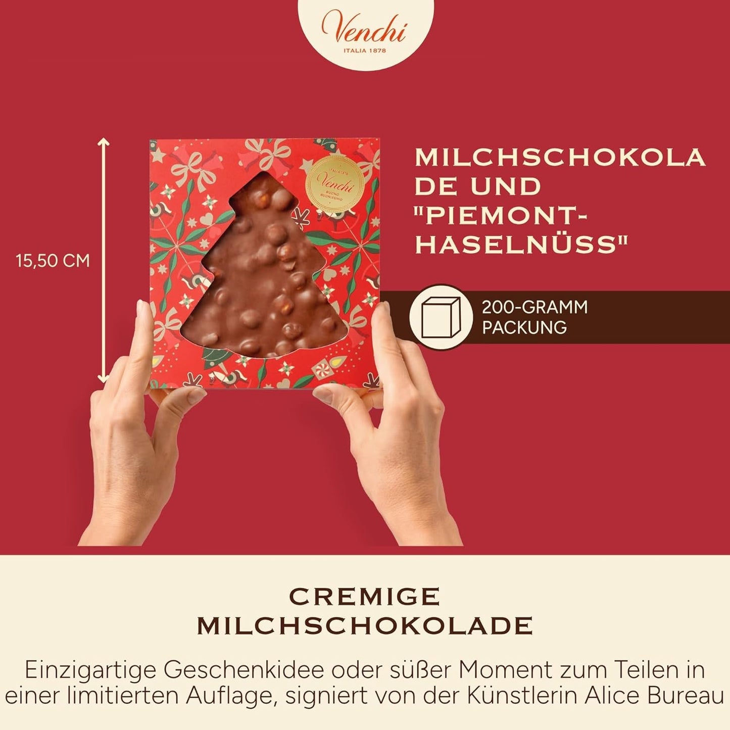 Venchi, Brutto&Buono, ručně vyráběná mléčná čokoláda ve tvaru jedle "Piedmont Forest Hazelnut", 200 g, bez lepku, limitovaná edice vánoční kolekce, tip na dárek