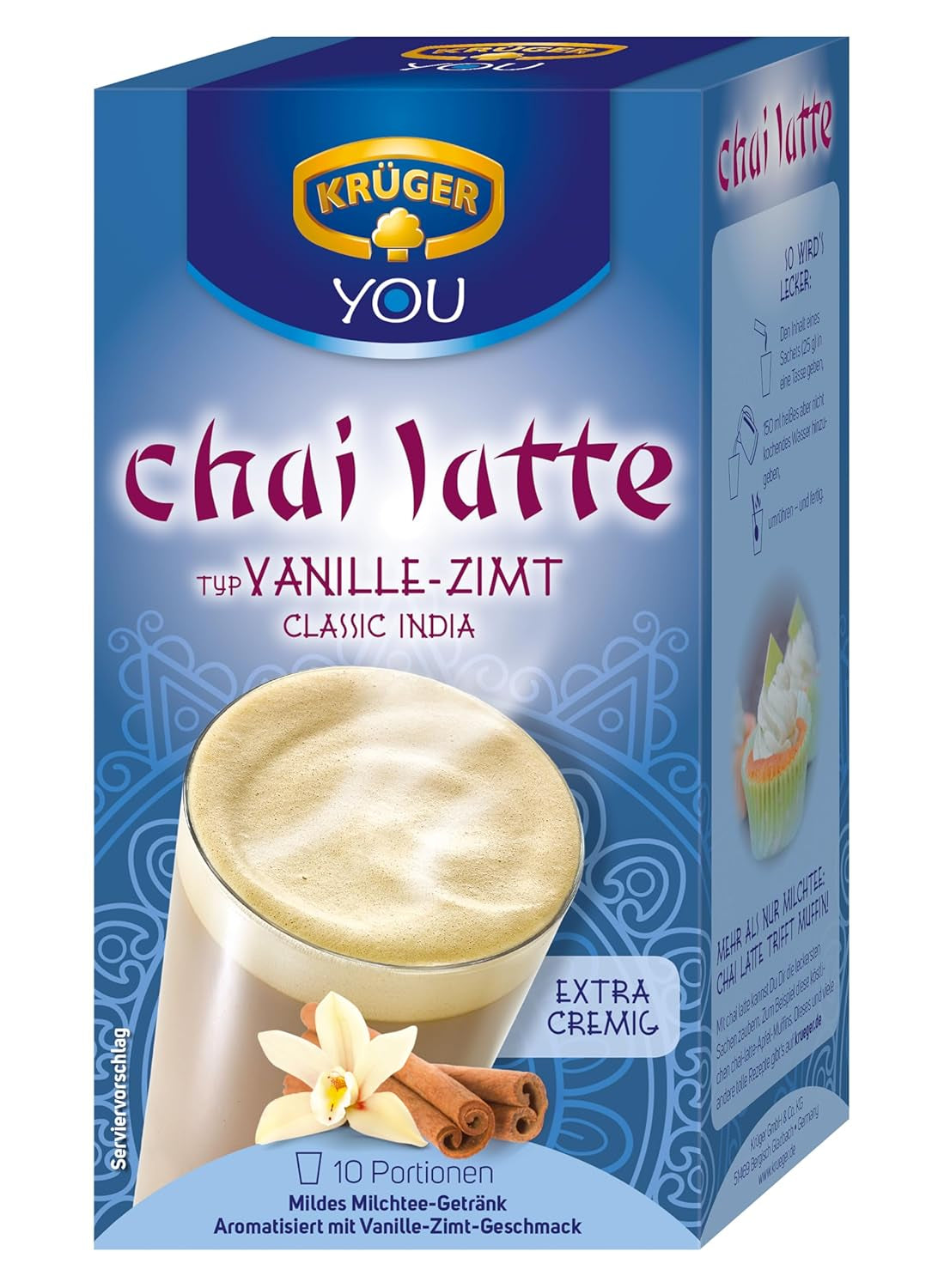 KRÜGER YOU Chai Latte Vanilla Cinnamon, instantní přípravek pro mléčné nápoje, ochucený vanilkou a skořicí, 250 g (10 sáčků po 25 g)