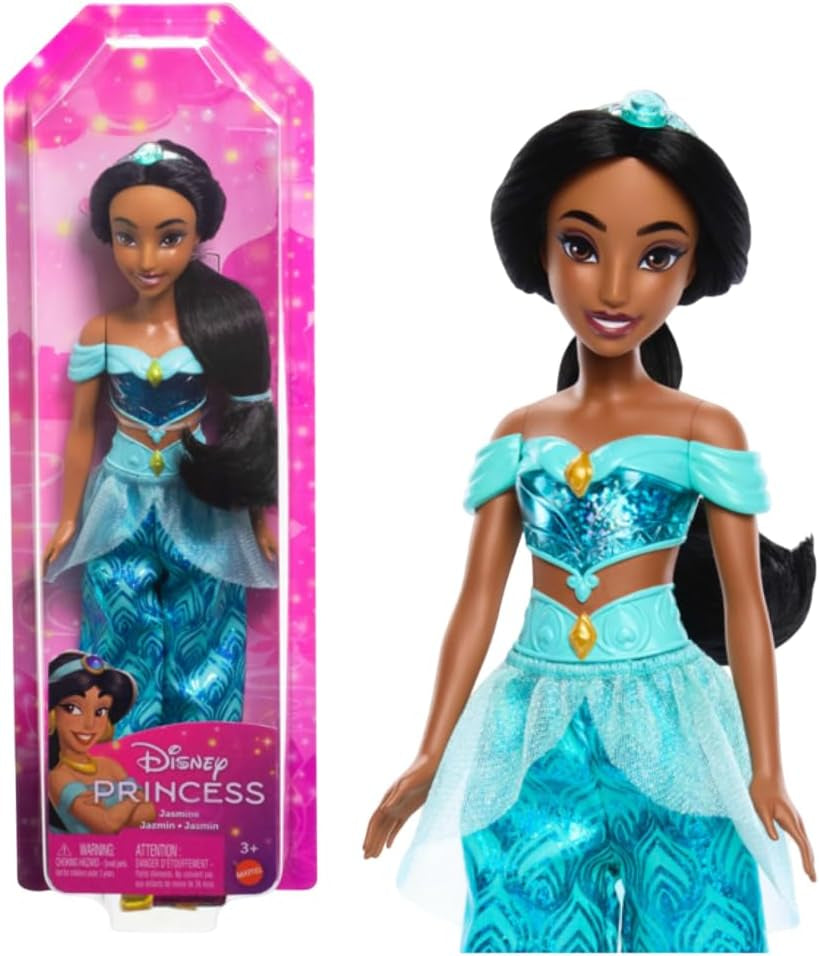 Mattel Disney Princess Toy Jasmine Kloubová módní panenka se třpytivým oblečením a doplňky Dárek pro děti inspirovaný filmem Disney HLW12