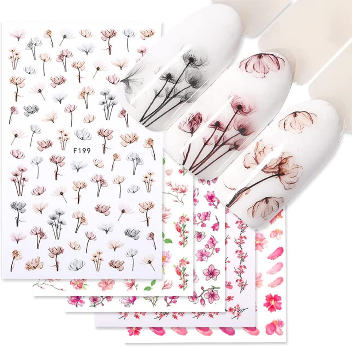 JMEOWIO Nálepka na nehty Frühling Blume 9 Blatt Nagelaufkleber Selbtklebend Rosa Blüte Nálepka na nehty Dekoration Nageldesign Zubehör