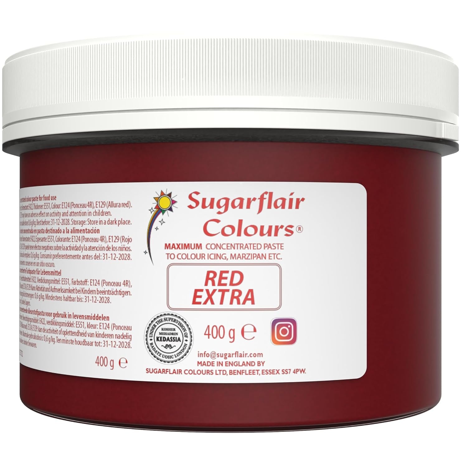 Potravinářské barvivo Sugarflair Max Concentrated Red, vysoce koncentrované potravinářské barvivo na marcipán a fondán, pastové barvivo Max Concentrated - 400 g