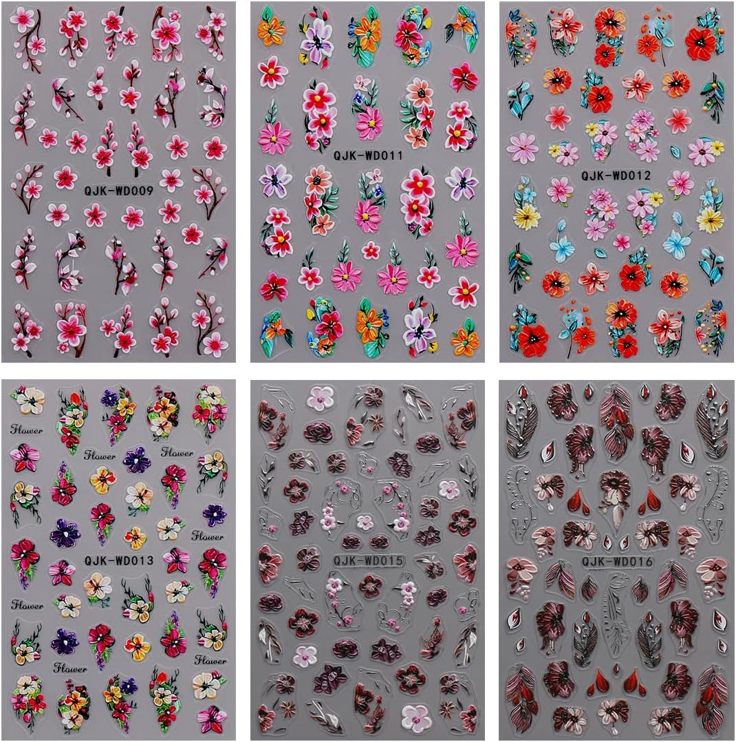 JMEOWIO Nálepka na nehty Blumen 6 Blatt Nálepka na nehty Selbstklebend Nagelaufkleber Letní Blumen Dekorace Nageldesign Zubehör