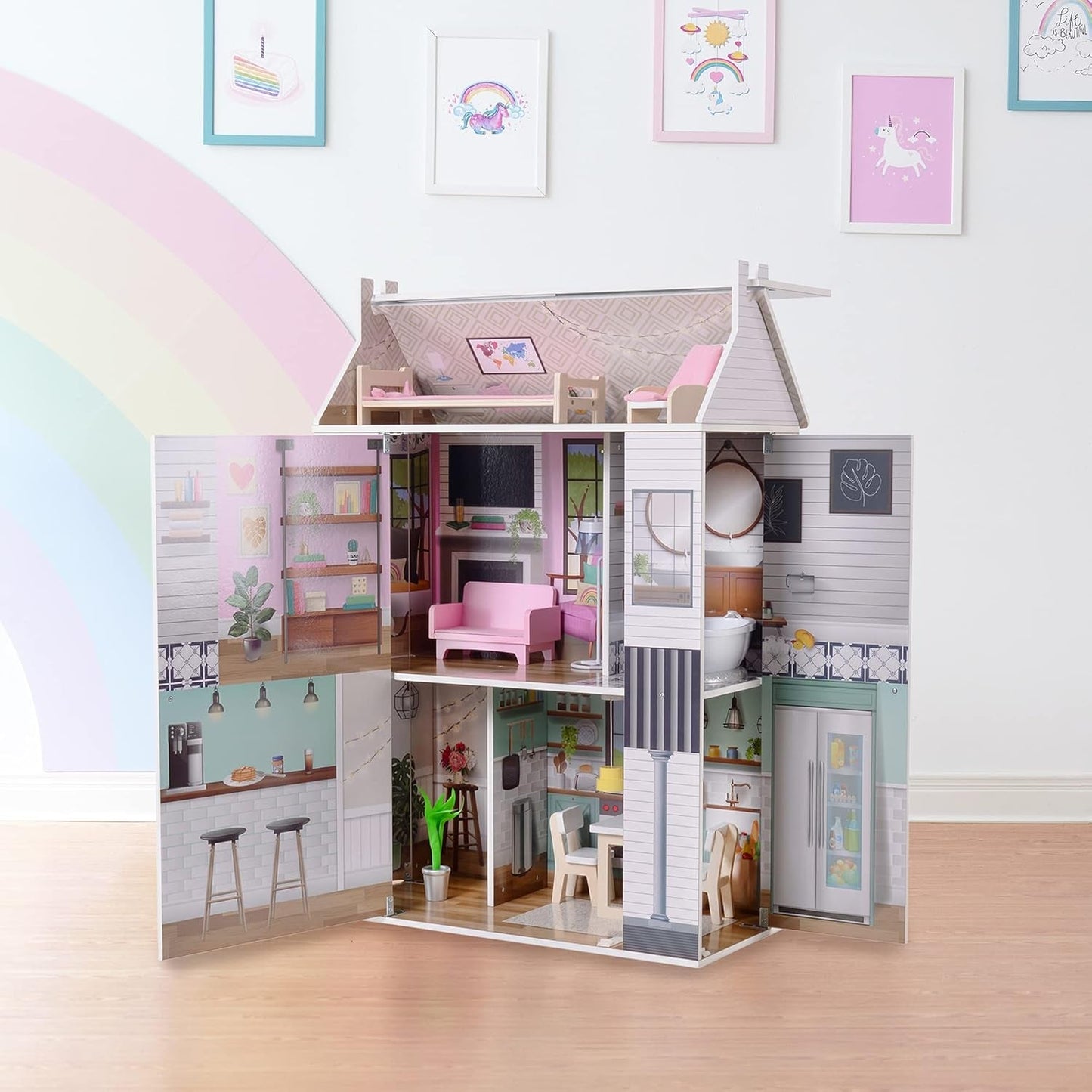 Olivia's Little World Dreamland 3patrový interaktivní dřevěný domeček pro panenky s 13 nábytkem pro panenky Bílá TD-13632A