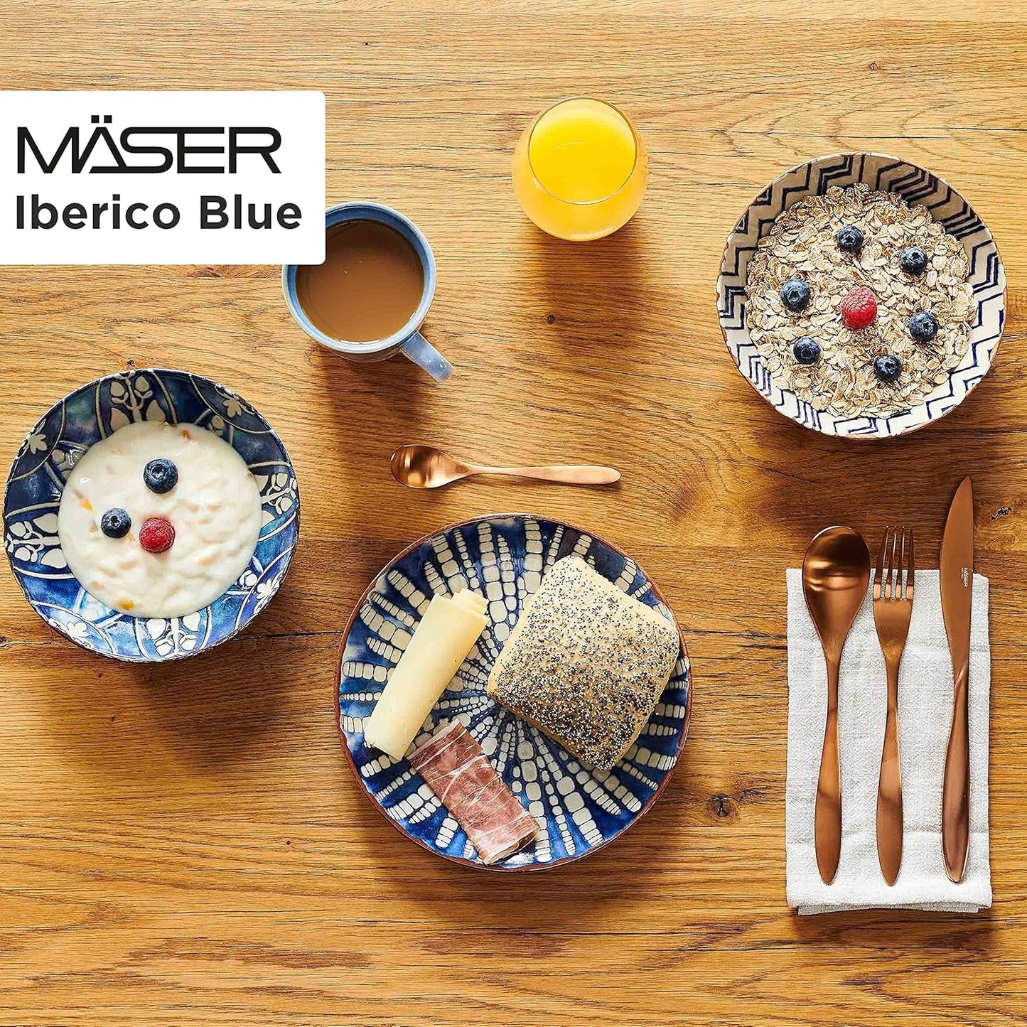 MÄSER 934017 Iberico Blue Jídelní set pro 4 osoby, 12dílný, maurský styl, různé vintage vzory v bílé a modré, keramika
