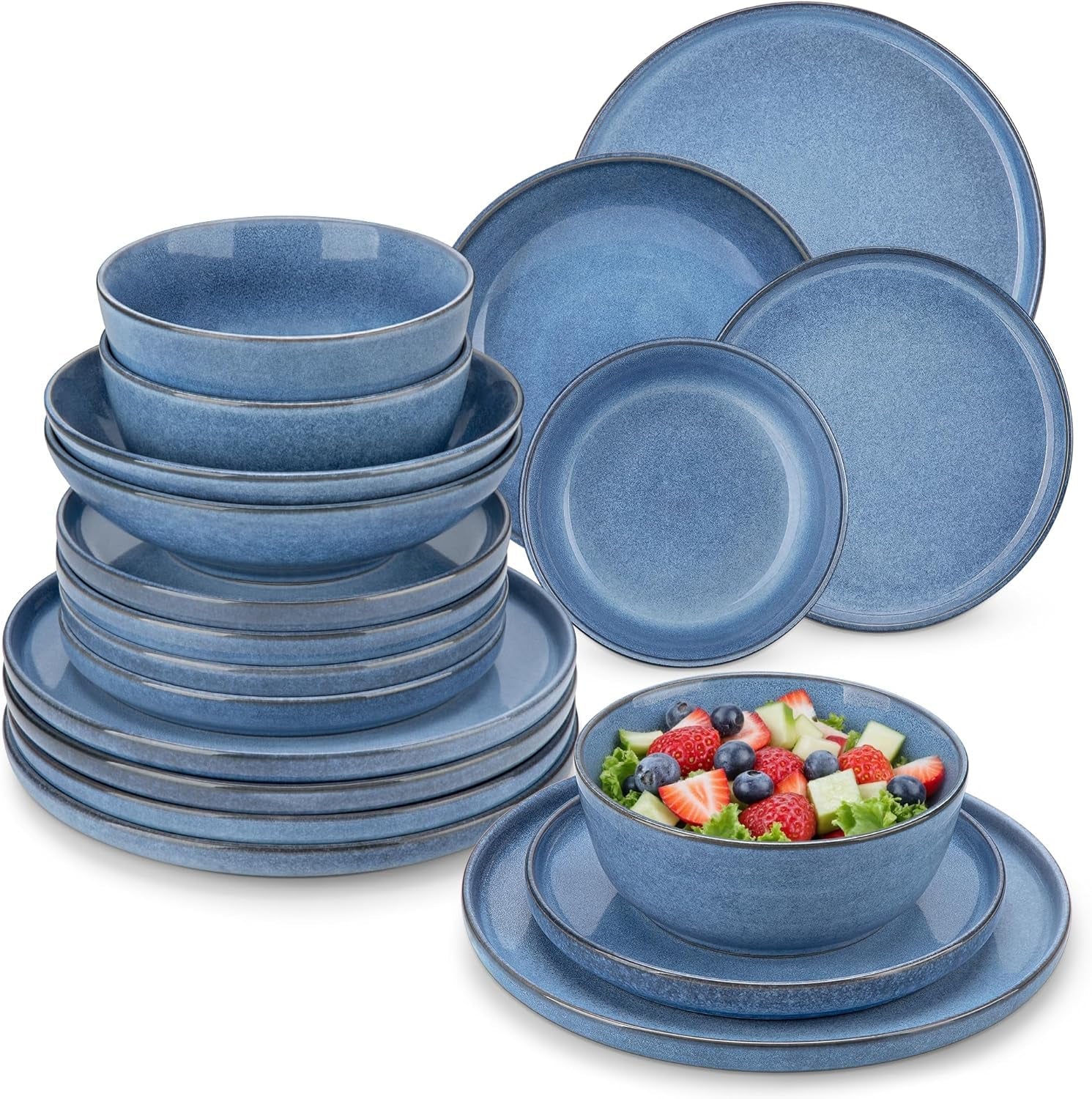 Steingut Geschirrset 6 Personen, vancasso ANYA Blau Teller Set Moderní 24 teilig, Tafelservice mit Speiseteller, Suppenteller, Desserttellern, Schüsseln, Geschirr Set Spülmaschinen und Mikrowellenfest