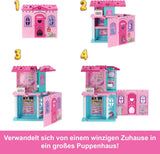 Barbie Chelsea domeček pro panenky s 15+ doplňky, vyskakovací domeček se zvětší na více než 42 x 33 cm s 5 hracími plochami a skluzavkou, s malou panenkou a psem, JFW49