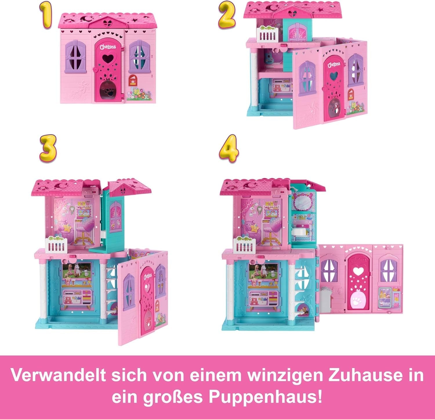 Barbie Chelsea domeček pro panenky s 15+ doplňky, vyskakovací domeček se zvětší na více než 42 x 33 cm s 5 hracími plochami a skluzavkou, s malou panenkou a psem, JFW49