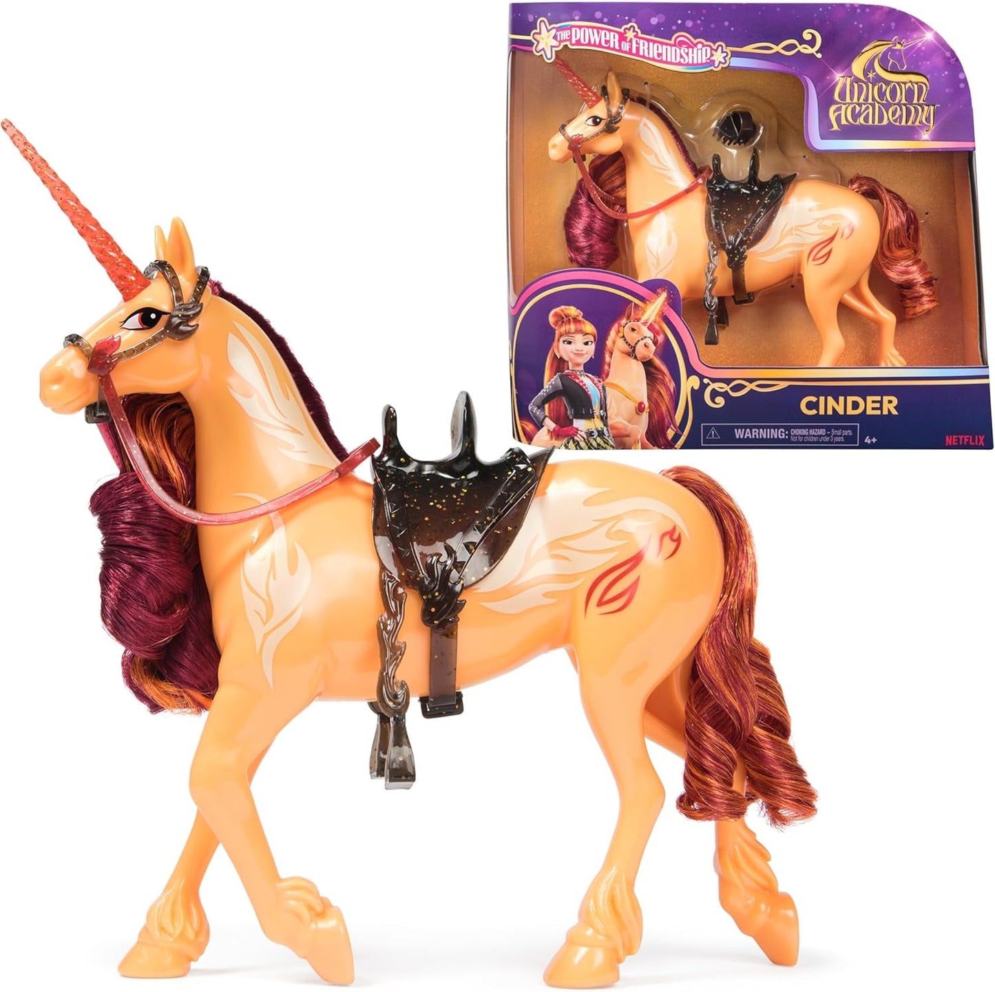 Unicorn Academy Cinder the Unicorn – 28 cm vysoký, originální jednorožec Valentina ze série Netflix, se skutečnou hřívou a ocasem, odnímatelnou uzdou a sedlem a kartáčem, pro děti od 4 let