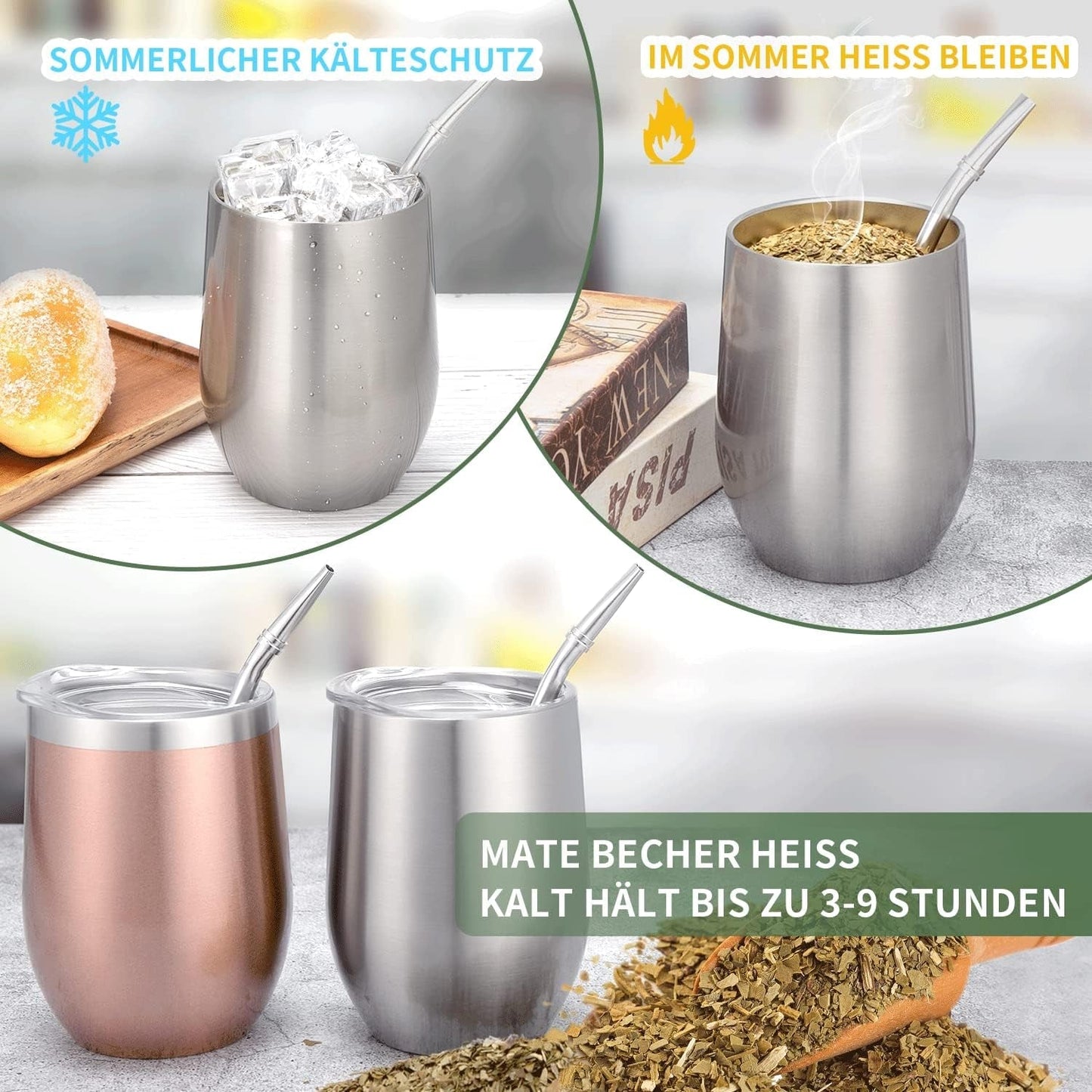 Moderní hrnek Mate 340 ml, sada hrnků Yerba Mate s dvojitou stěnou z nerezové oceli, hrnek na čaj Mate s víčkem bez BPA, bombillas a čisticí kartáček (stříbrný)
