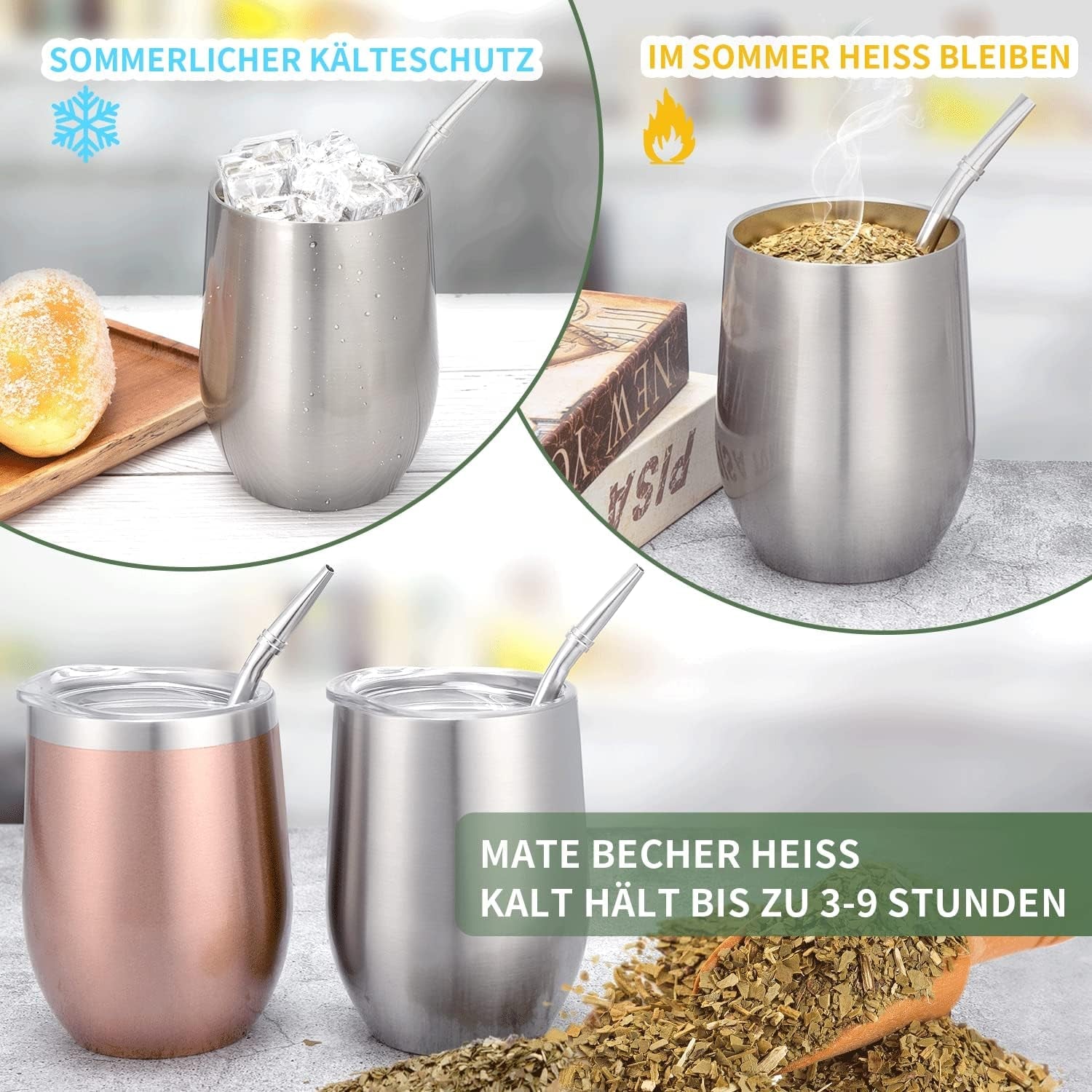 Moderní hrnek Mate 340 ml, sada hrnků Yerba Mate s dvojitou stěnou z nerezové oceli, hrnek na čaj Mate s víčkem bez BPA, bombillas a čisticí kartáček (stříbrný)