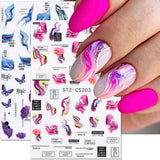 6 Blatt 3D Lila Schmetterling Samolepky na nehty Selbtklebend Nagelaufkleber Schmetterlinge Samolepky na nehty Bunte Blühen Marmor Nagel Stickers Regenbogen Welle Linien Nail Art Aufkleber Nageldesign Zubehör