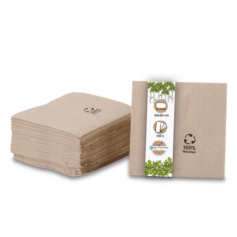 Ekologické ekologické ubrousky vyrobené z recyklovaného papíru I Vysoce kvalitní papírové ubrousky 10 X 10 cm I 100 kusů Koktejlové ubrousky Nebělené Biologicky rozložitelné Kompostovatelné