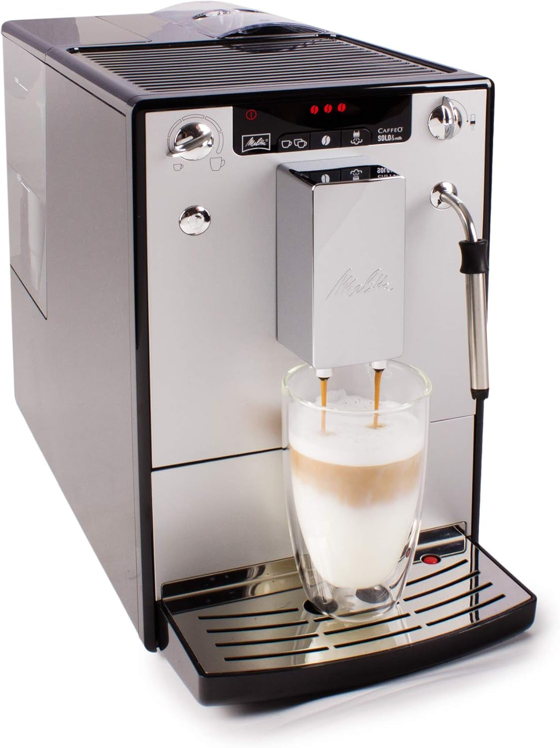 Melitta Solo & Milk - plně automatický tenký kávovar s napěňovačem mléka, kávovar s vyjímatelnou nádržkou na vodu, kupř. káva nebo cappuccino, stříbro