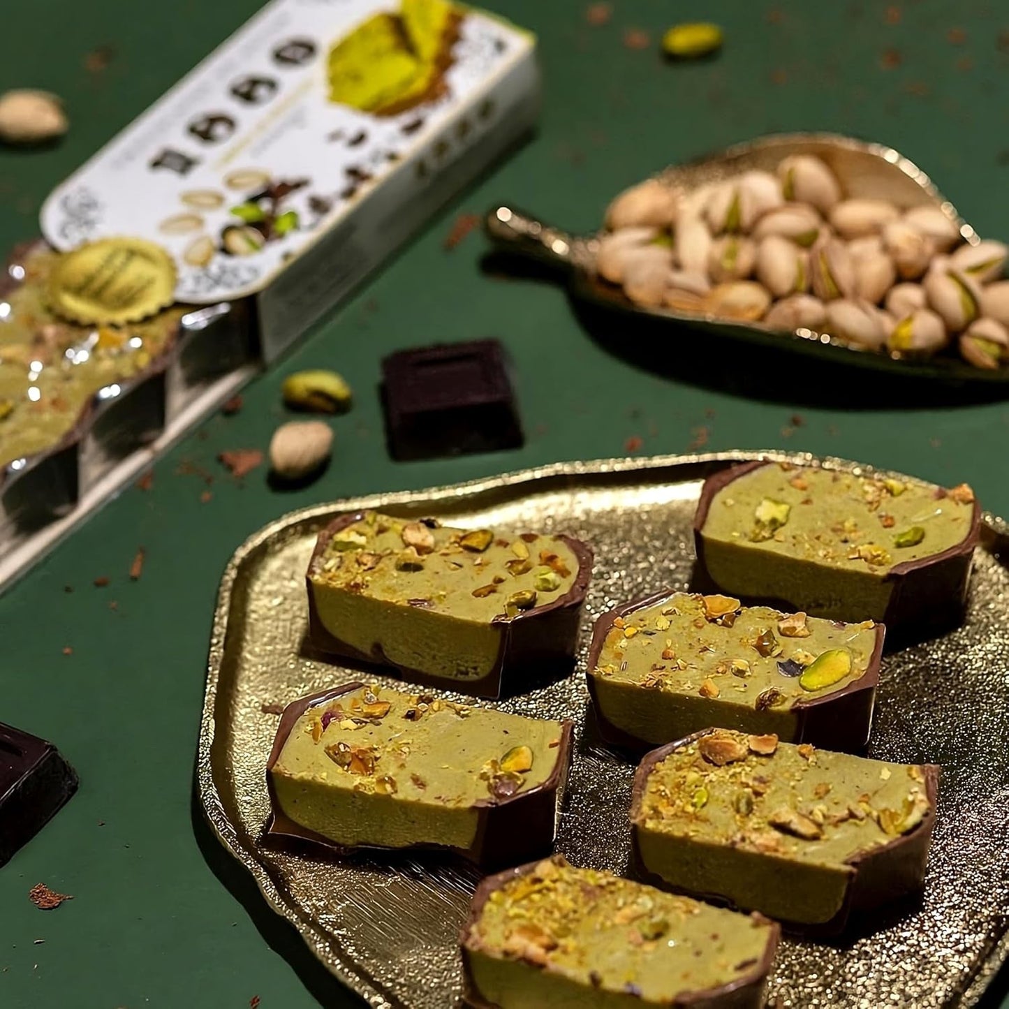 Řemeslné čokoládové pistáciové turrón, 200 g, krémová textura, špičková kvalita, jemné ingredience, autentická chuť, nejdražší turrón na světě