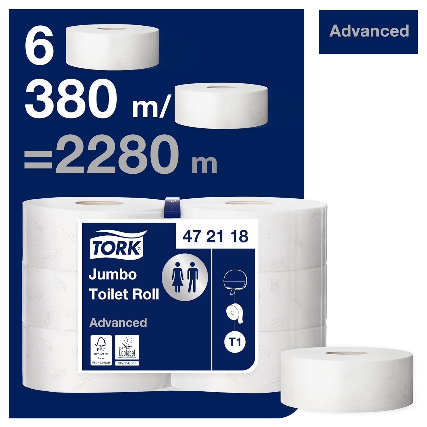 Toaletní papír Tork Jumbo White T1, Advanced, 2 vrstvy, 6 × 380 M, 472118
