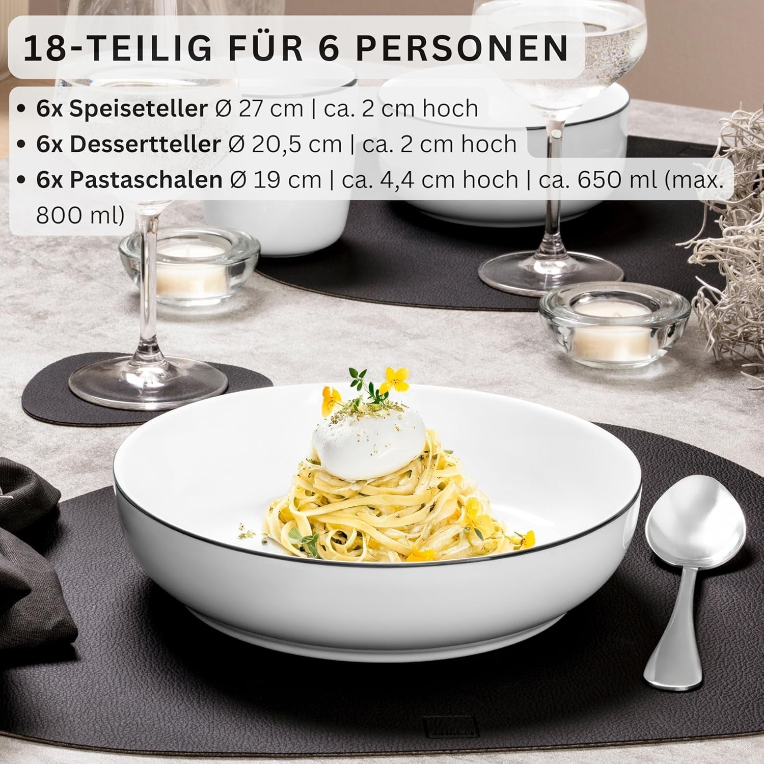 SANGER | Marlo Černobílá sada nádobí, 18dílná sada porcelánového nádobí pro 6, bílá s černými akcenty, Talíře, dezertní talíře a misky, moderní design | PRÉMIOVÁ KOLEKCE