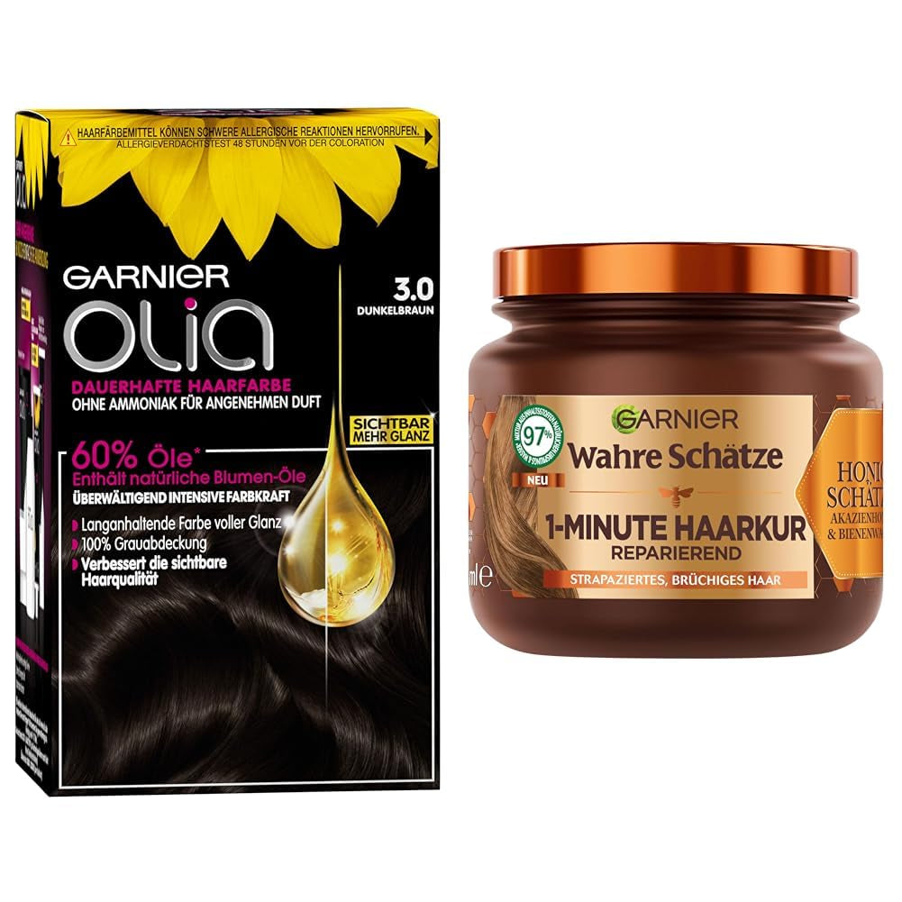 Garnier Color & Care Set: Olia 3.0 tmavě hnědá permanentní barva na vlasy + opravná kúra na vlasy (340ml) | S akátovým medem a včelím voskem pro lesk a vláčnost | Výchozí název obchodu Naty Shop bez amoniaku