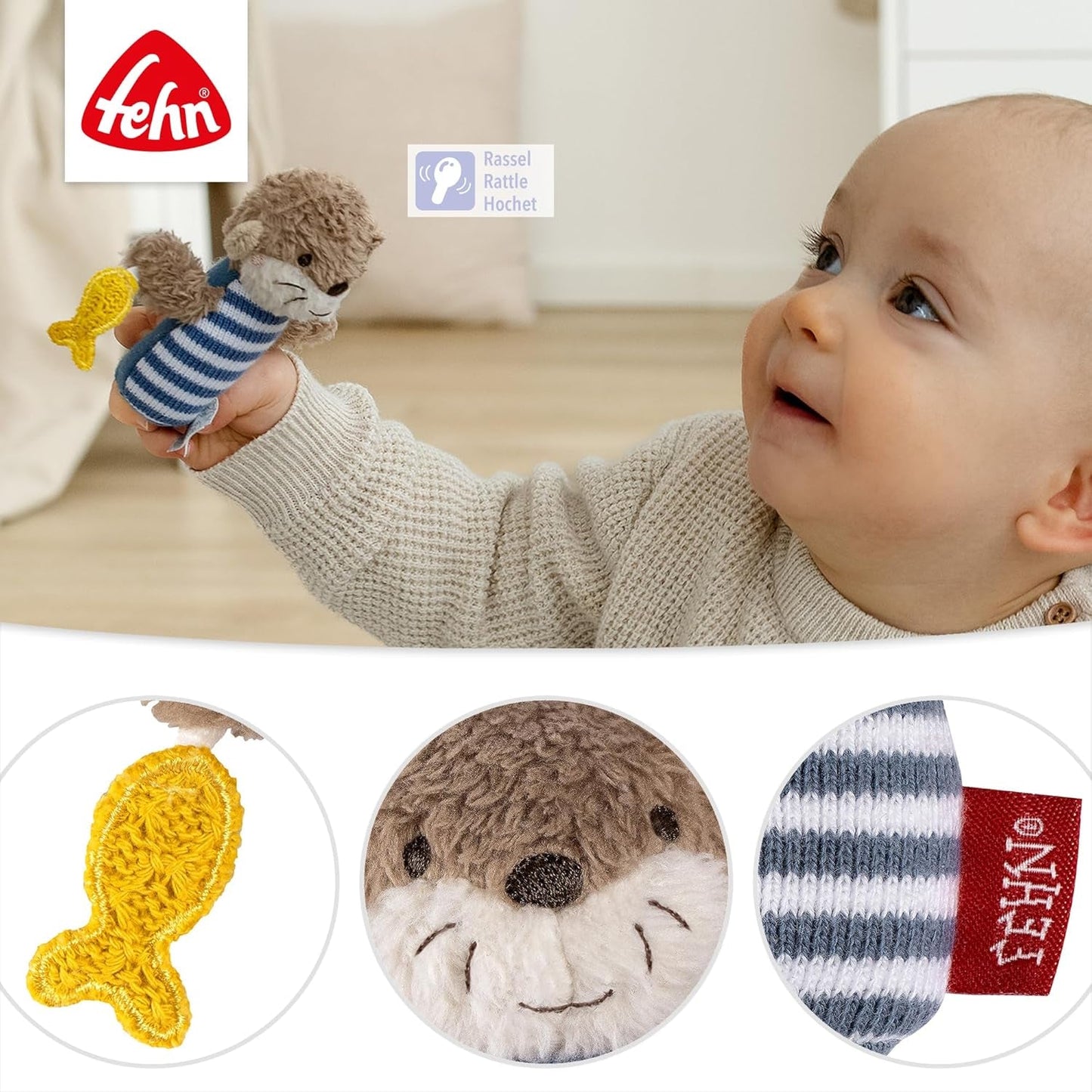 Fehn mini chrastítko vydra - mini hračka pro chrastění, ohmatávání a hraní si s měkkým a plyšovým látkovým zvířátkem - věrný společník pro miminka a batolata ve věku 0+ měsíců Baby Toys Naty Shop