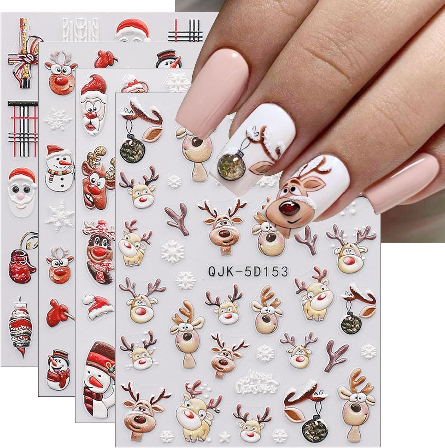 JMEOWIO 3D Nálepka na nehty Weihnachten Nálepka na nehty Selbstklebend Nagelaufkleber 5D Stereoskopisch Schneeflocke Xmas Winterurlaub Niedlich Dekoration Nageldesign Zubehör 4 Blatt