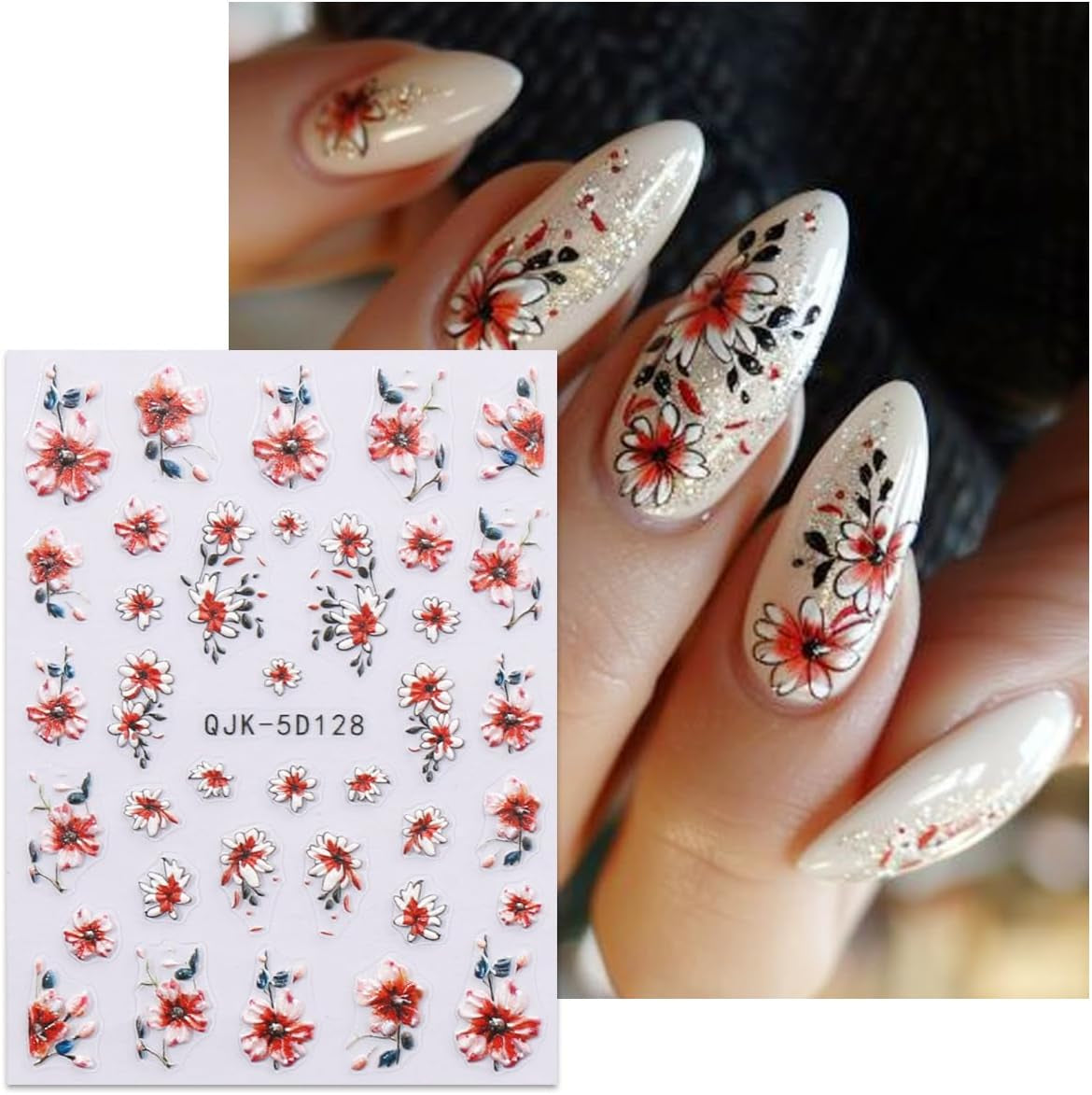JMEOWIO 3D Nálepka na nehty Blumen Nálepka na nehty Selbstklebend Nagelaufkleber 5D Stereoskopické jarní letní dekorace Nageldesign Zubehör 4 Blatt