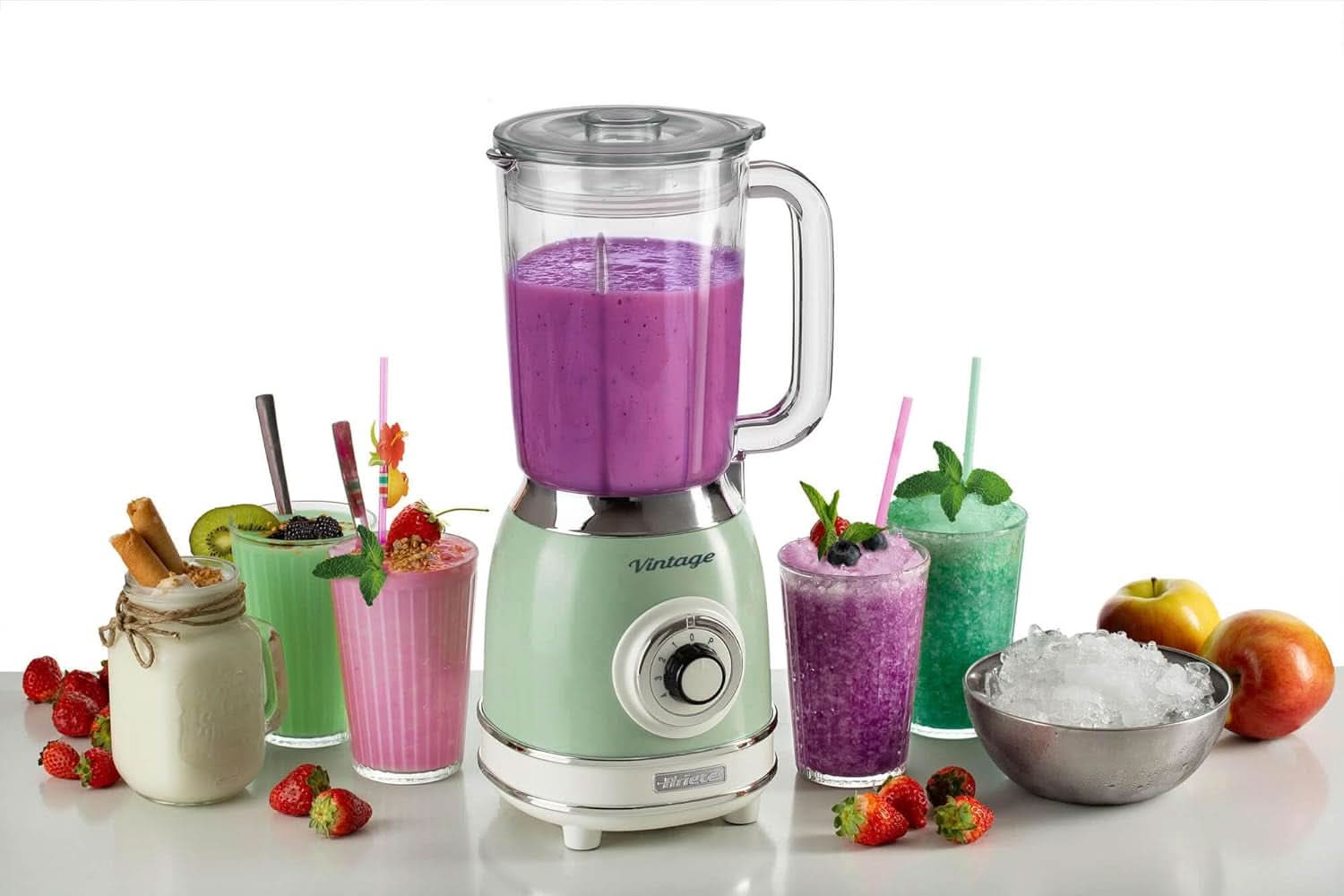 Ariete Vintage 583 Mixer Aus Glas, Retro Multifunktionsmixer Mit 4 Klingen, 4 Geschwindigkeiten + Pulse-Funktion, Ice-Crusher Funktion, 1,5 l Fassungsvermögen, 1000 W, Green Kitchen Naty Shop