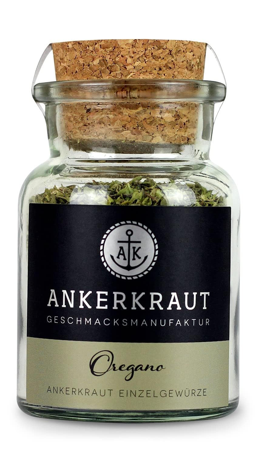 Ankerkraut Oregano Gewürz, sušený gerebelt, ideální pro Pizza polévka Rajčata a ryby, Kräuter zum Würzen, Středomořská kuchyně Küche für zu Hause, Lecker Kochen, 20 g im Korkenglas
