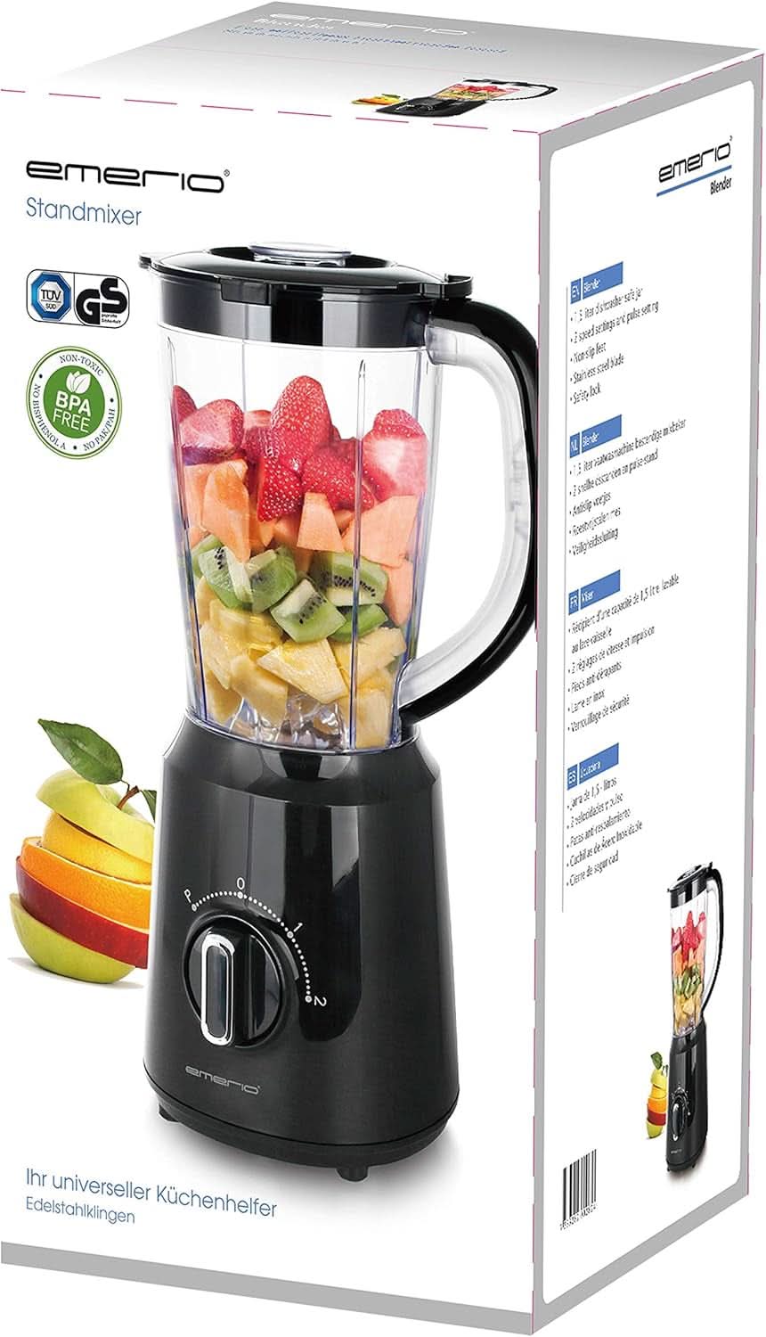 Emerio Standmixer BPA Frei Crush Ice Funktion 1,5 l Behälter 2 Geschwindigkeiten + Pulse Funktion Messereinheit Aus Edelstahl Sicherheitsschalter Geschirrspülgeeignet 500 Watt BL-12816.8 Schwarzp.