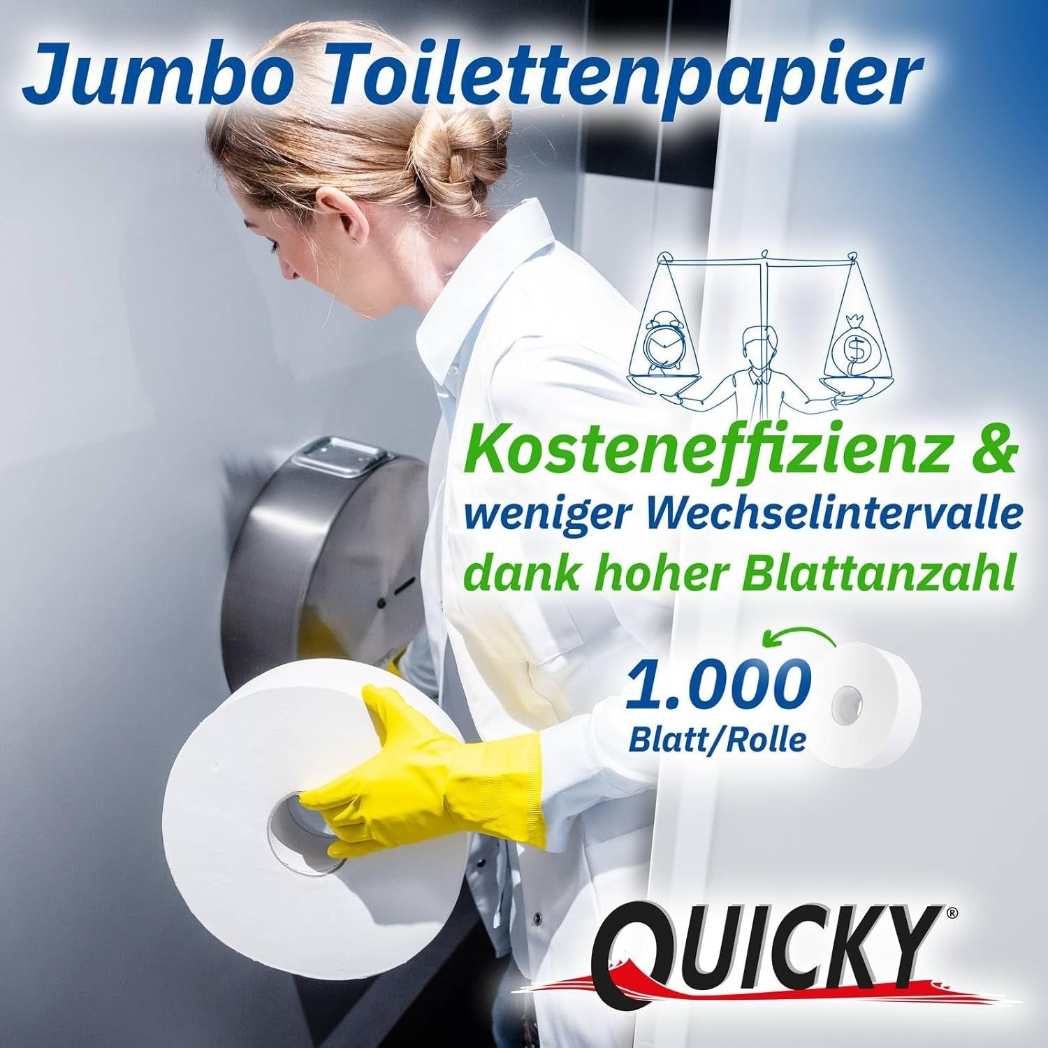 Quicky Jumbo 2vrstvý toaletní papír, Ø 25 cm, zářivě bílý, reliéfní s jemnými tečkami, 6 rolí - savý a odolný proti roztržení pro maximální hygienu, ideální pro veřejné instituce a průmysl