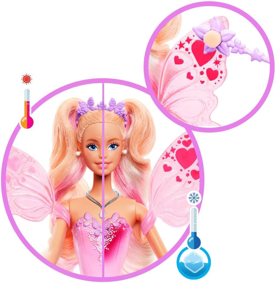 Mattel Barbie panenka s kouzelnou hůlkou a módními doplňky, fantasy motiv s křídly a oblečením měnícím barvy, JCP76, [vícebarevné]
