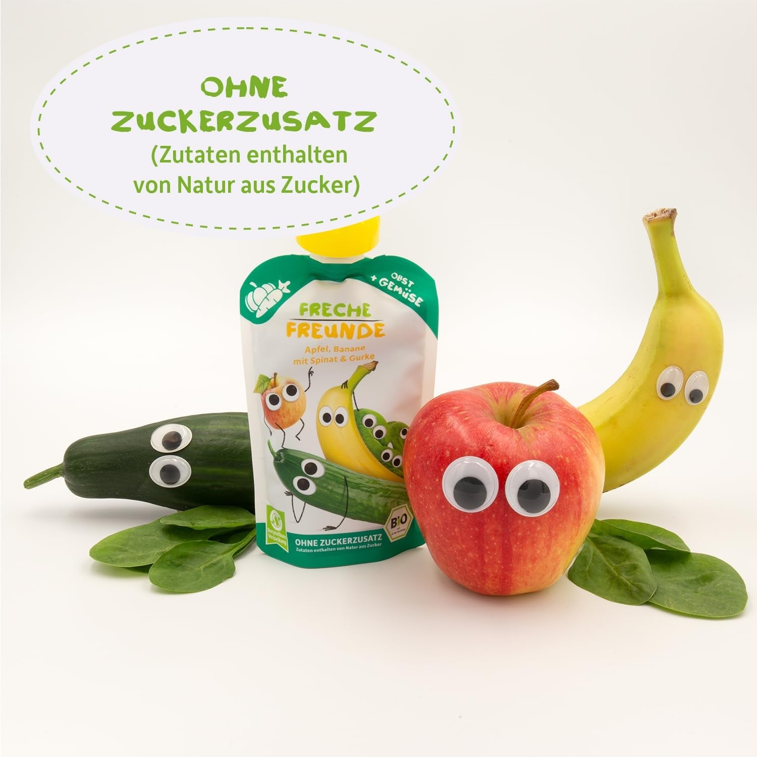 FRECHE FREUNDE Bio lisovatelná ovocná kapsička s jablky, banány, špenátem a okurkou, pyré a zeleninou v lisovatelné kapsičce pro miminka od 6 měsíců, veganská, balení 6 ks (6 x 100 g)