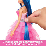 Skrytá magie Barbie – panenka jednorožec, růžové šaty se safírově modrými detaily, čelenka pro jednorožce, odnímatelná safírová křídla a ocas, od 3 let, HRR16