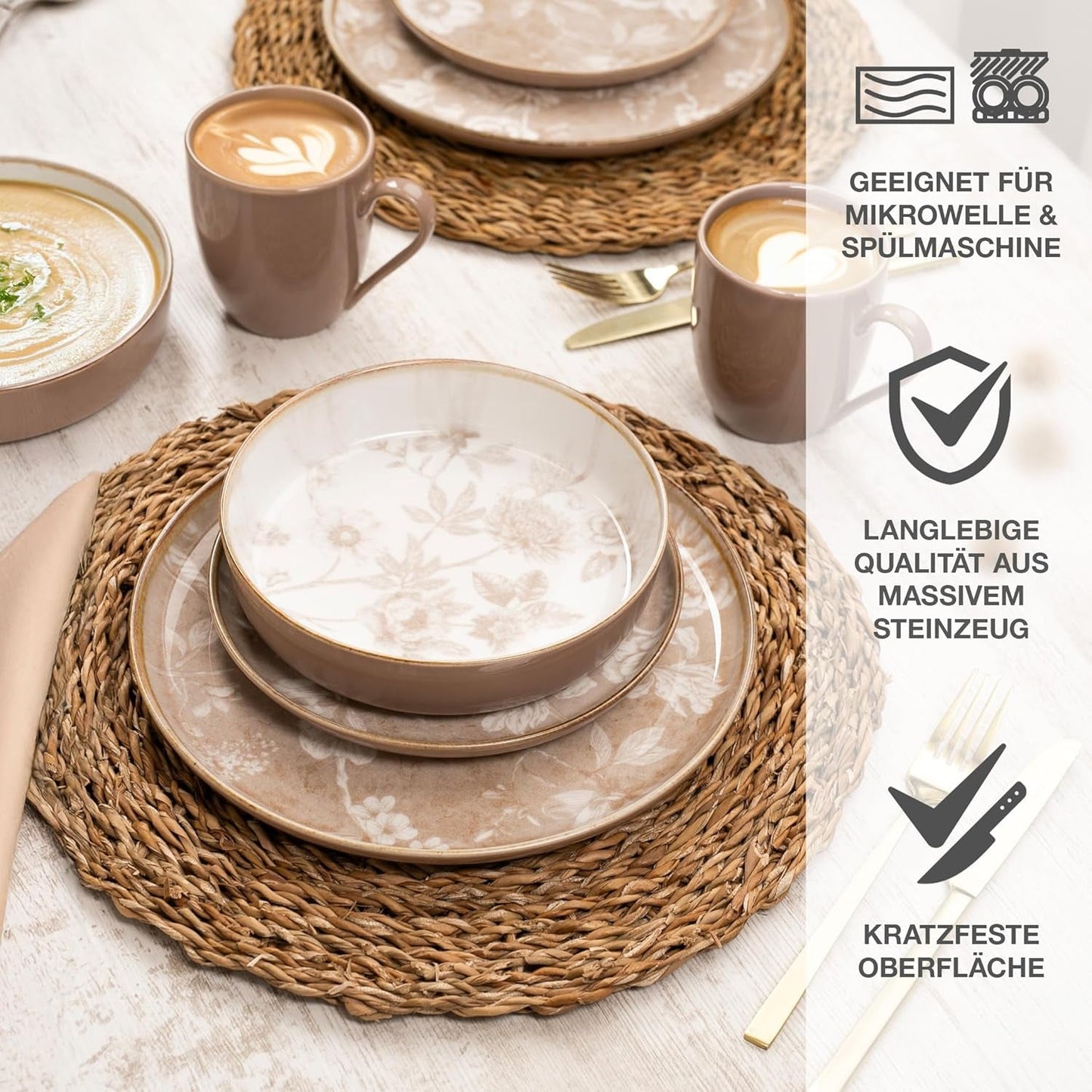 Moritz & Moritz MARIELLA 6místná 24dílná sada kameninového nádobí - Moderní béžové nádobí s hravým designem, kávový servis se snadnou údržbou s talířky, misky a šálky - Kombinovaná sada