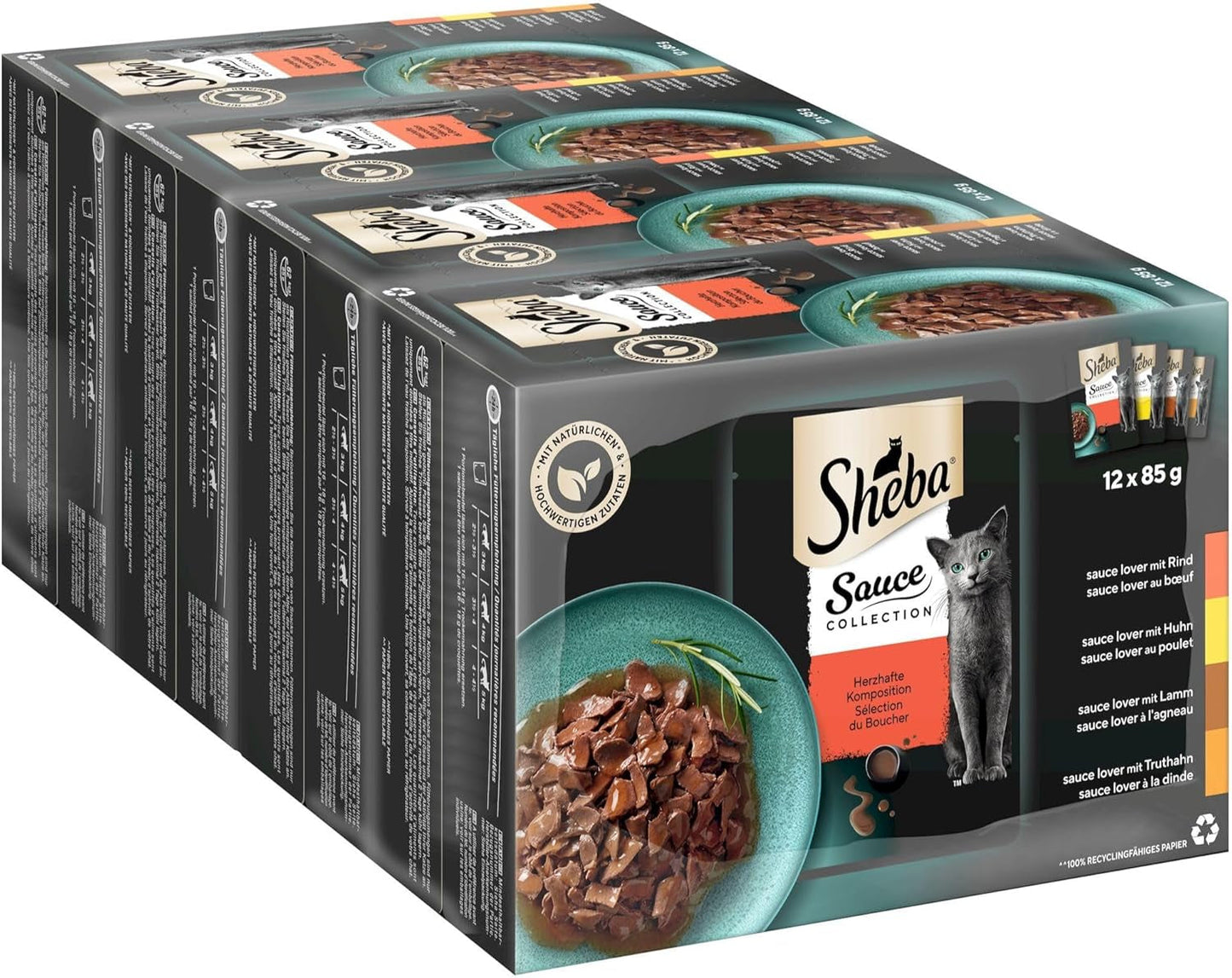 Sheba Sauce Collection Mokré krmivo pro kočky, porcované sáčky, slané multibalení, 4x12x85g