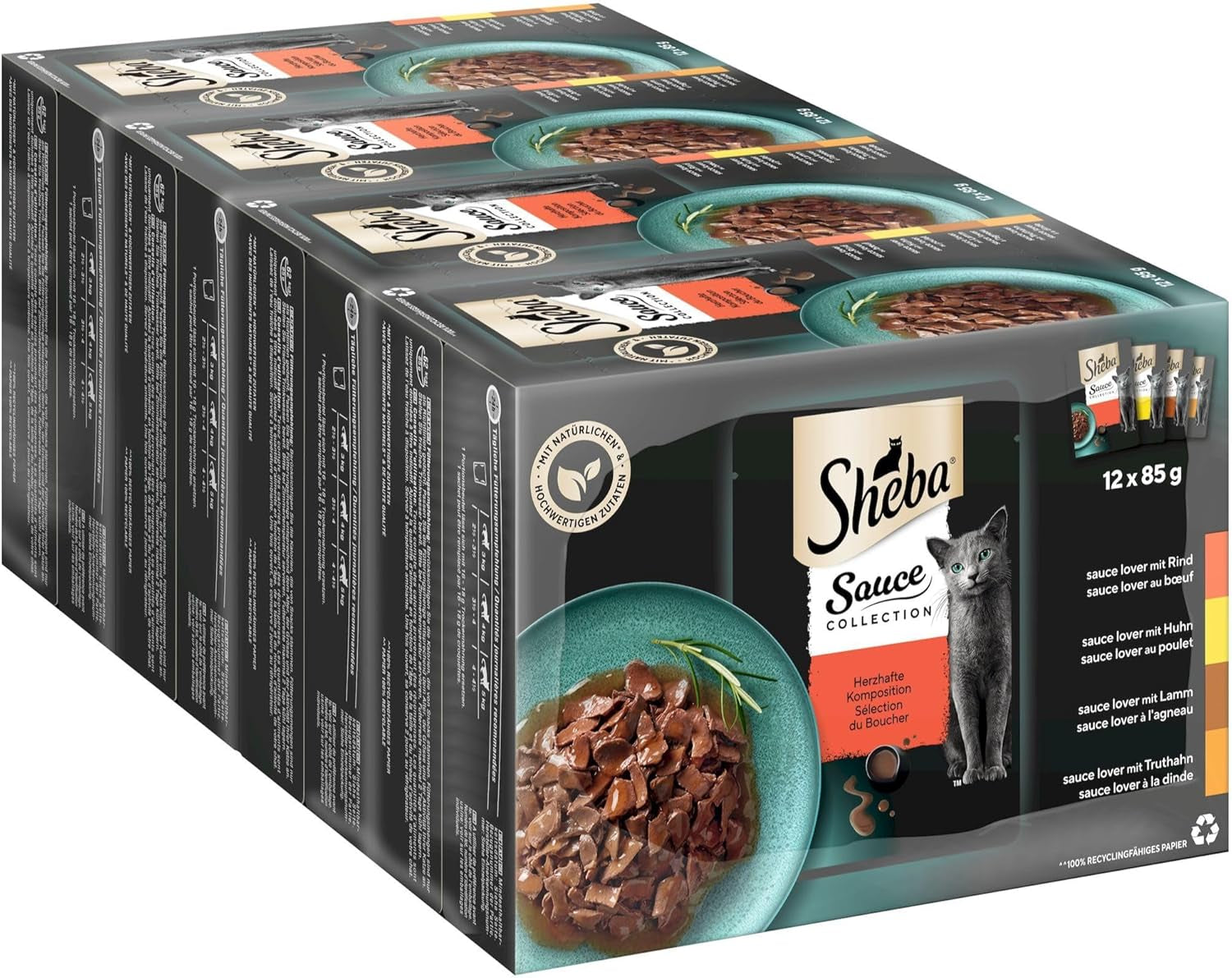 Sheba Sauce Collection Mokré krmivo pro kočky, porcované sáčky, slané multibalení, 4x12x85g