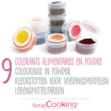 Scrapcooking - Sada 9 práškových potravinářských barviv - Modrá, Žlutá, Růžová, Fialová, Oranžová, Limetkově zelená, Červená, Pudrově růžová, Černá - Jedlé barvivo v prášku na dorty, muffiny, macarony - 4270