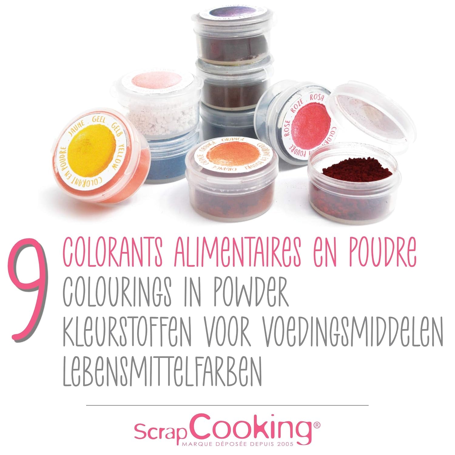 Scrapcooking - Sada 9 práškových potravinářských barviv - Modrá, Žlutá, Růžová, Fialová, Oranžová, Limetkově zelená, Červená, Pudrově růžová, Černá - Jedlé barvivo v prášku na dorty, muffiny, macarony - 4270
