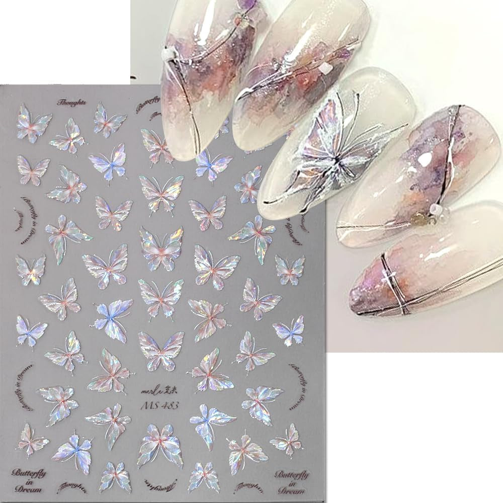 Glänzend Aurora Shell Schmetterling Nálepka na nehty Selbstklebend,Erleichterung Schmetterlinge Nálepka na nehty Rosa Laser Schmetterling Nagelaufkleber Für Frauen Nageldesign Zubehör Nagel Zubehör Nail Art