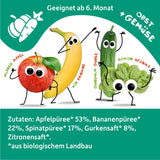 FRECHE FREUNDE Bio lisovatelná ovocná kapsička s jablky, banány, špenátem a okurkou, pyré a zeleninou v lisovatelné kapsičce pro miminka od 6 měsíců, veganská, balení 6 ks (6 x 100 g)