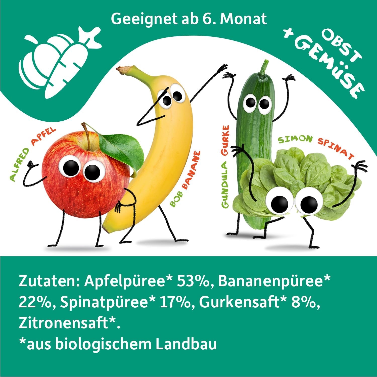 FRECHE FREUNDE Bio lisovatelná ovocná kapsička s jablky, banány, špenátem a okurkou, pyré a zeleninou v lisovatelné kapsičce pro miminka od 6 měsíců, veganská, balení 6 ks (6 x 100 g)