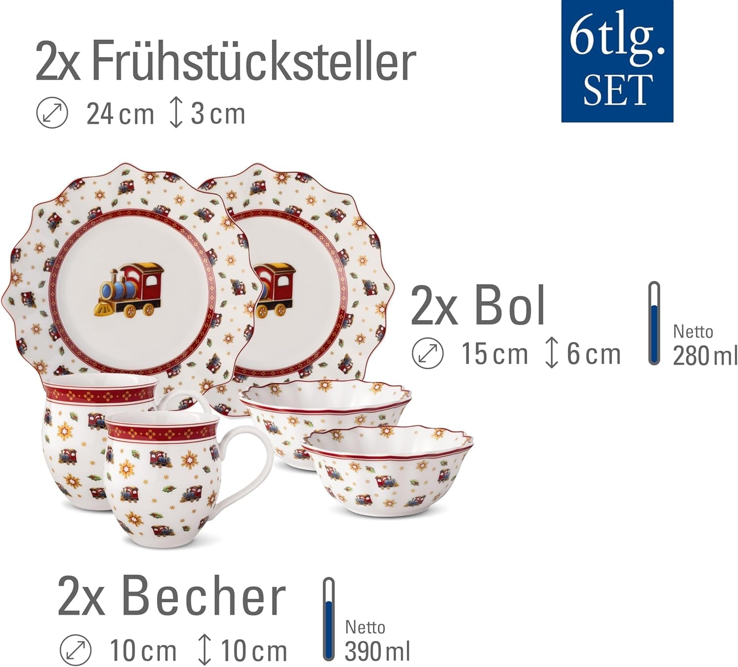 Villeroy & Boch - Toy's Delight Snídaňová sada pro 2, Lokomotiva, 6 kusů, Barevné, Vánoční, Sada nádobí s talíři, šálky a misky ke snídani, Vánoční nádobí, Prémiový porcelán