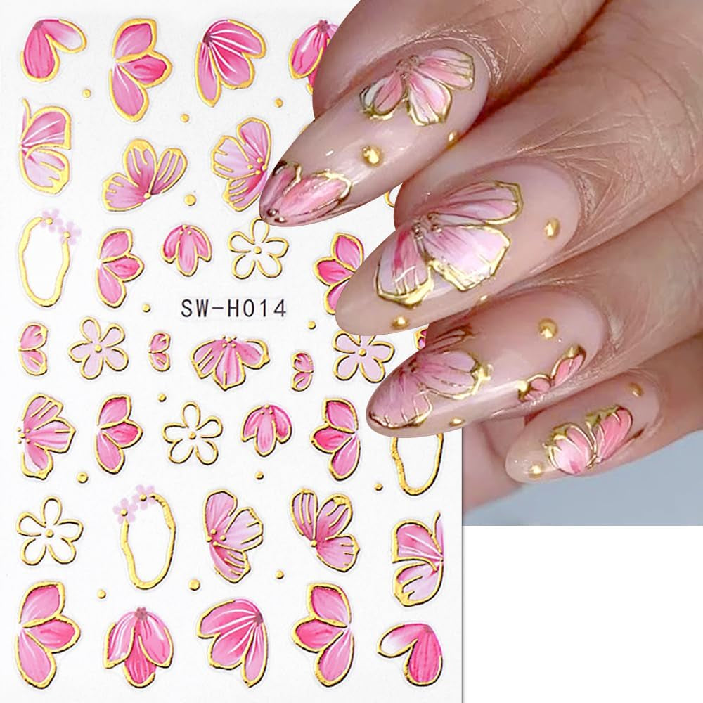 Zlatá Linie Schieber Rosa Samolepka na nehty Blumen 3D Květina Samolepka na nehty Sakura Blütenblätter Blumen Nagelaufkleber Frühling Summer Floral Nagel Sticker Květiny Samolepky na nehty Nageldesign Zubehör Nail Art